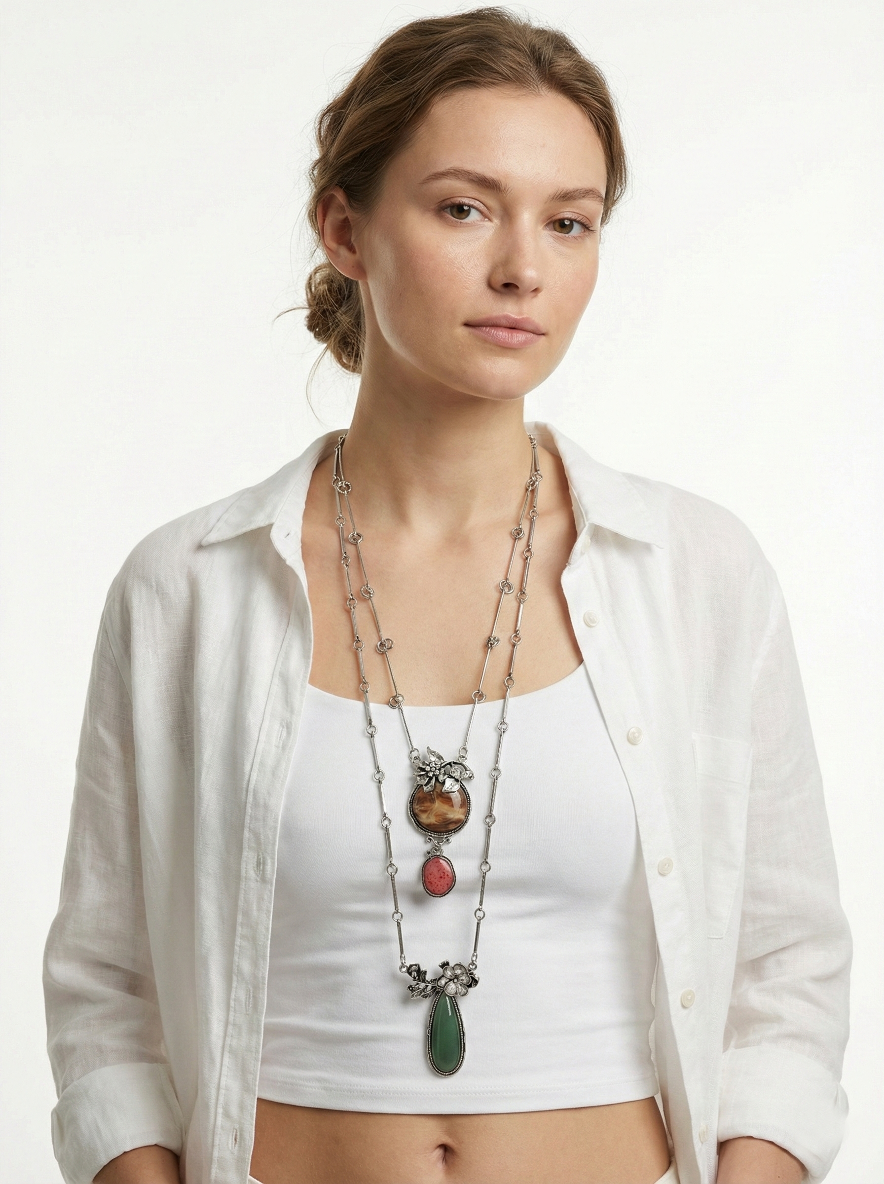 İkili Uzun Çiçekli Doğal Taş Kolye