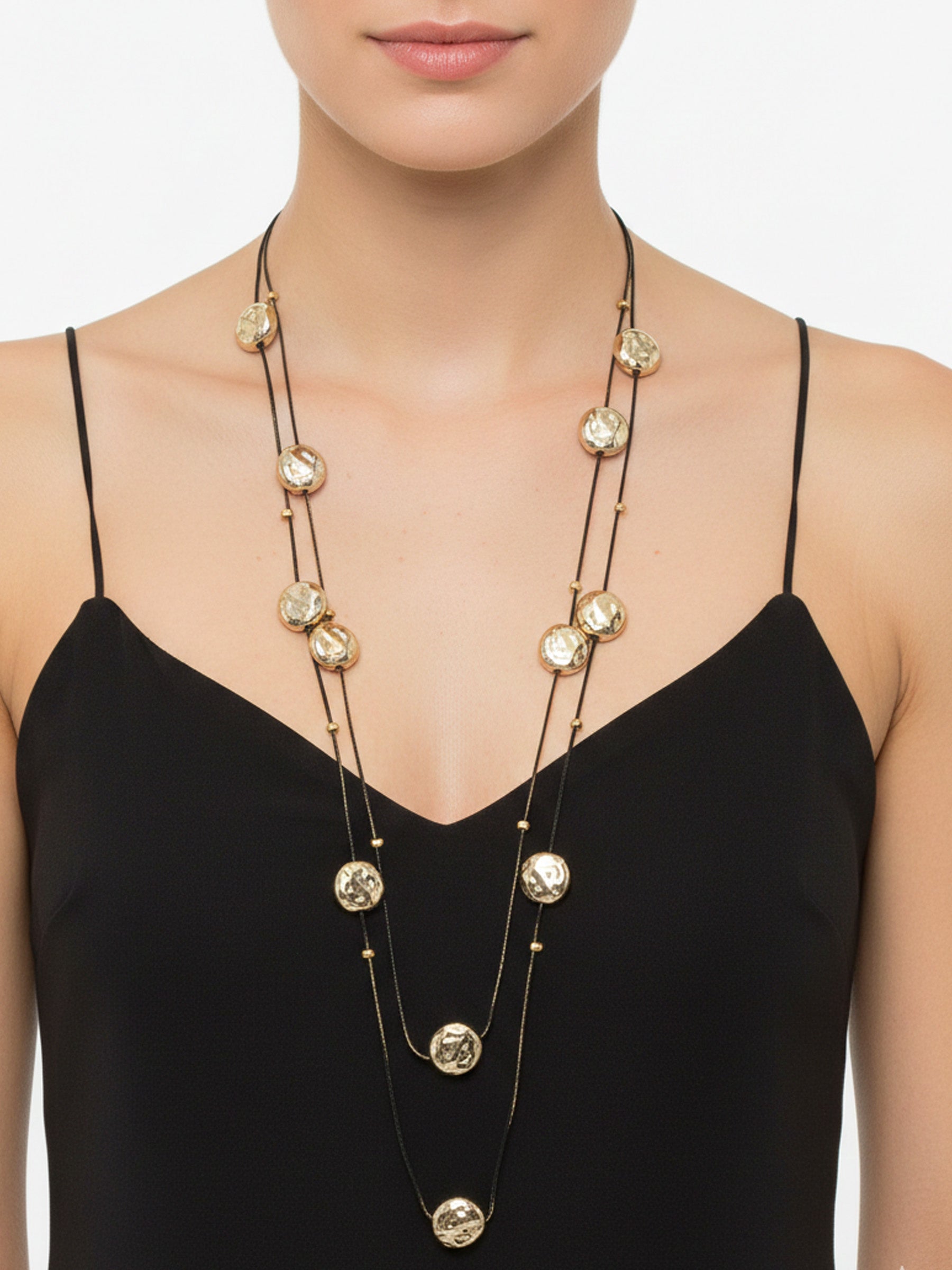 İki Sıra Altın Renk Uzun Disk Kolye