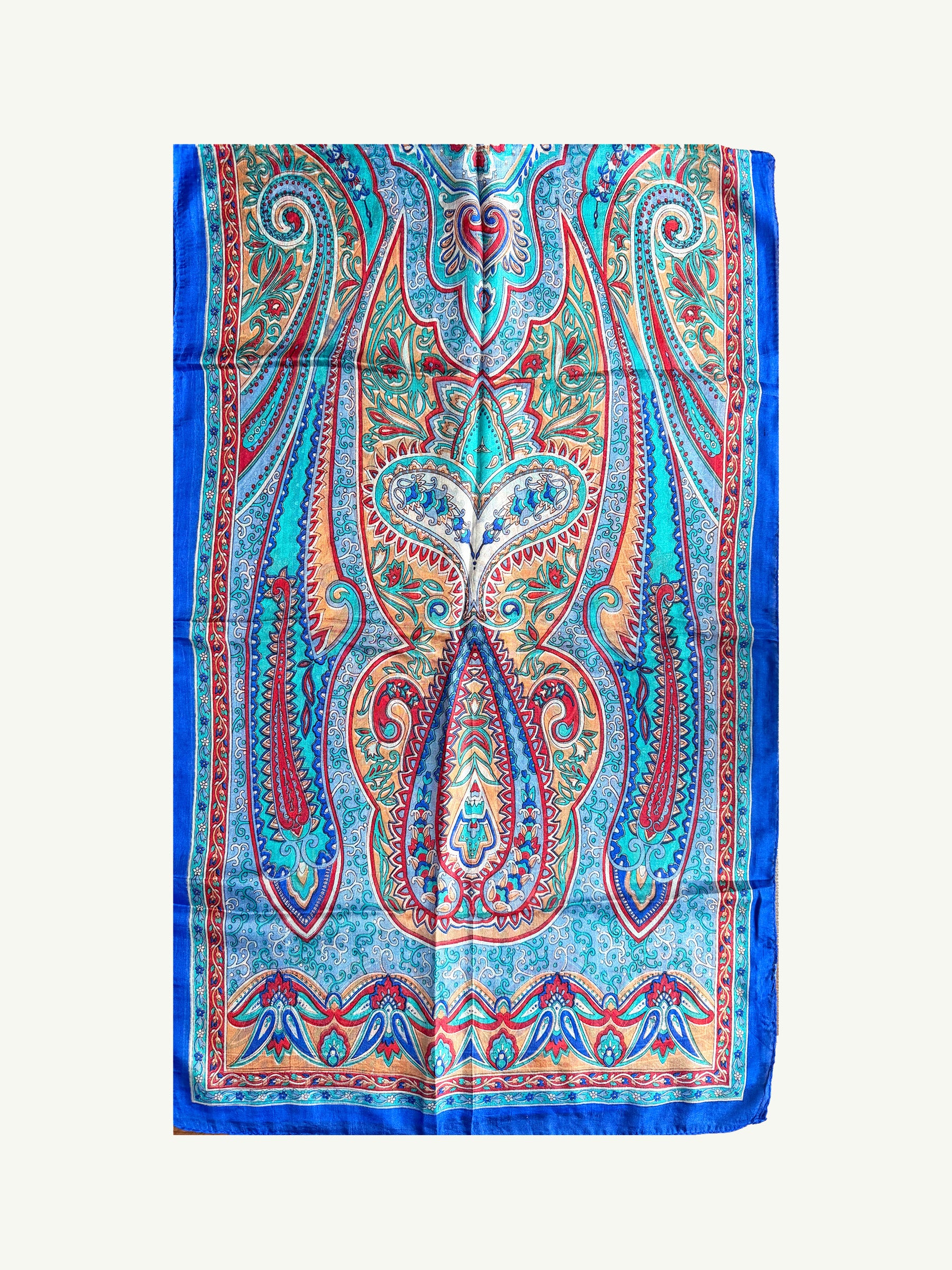 Mavi Şal Desen Uzun İpek Eşarp