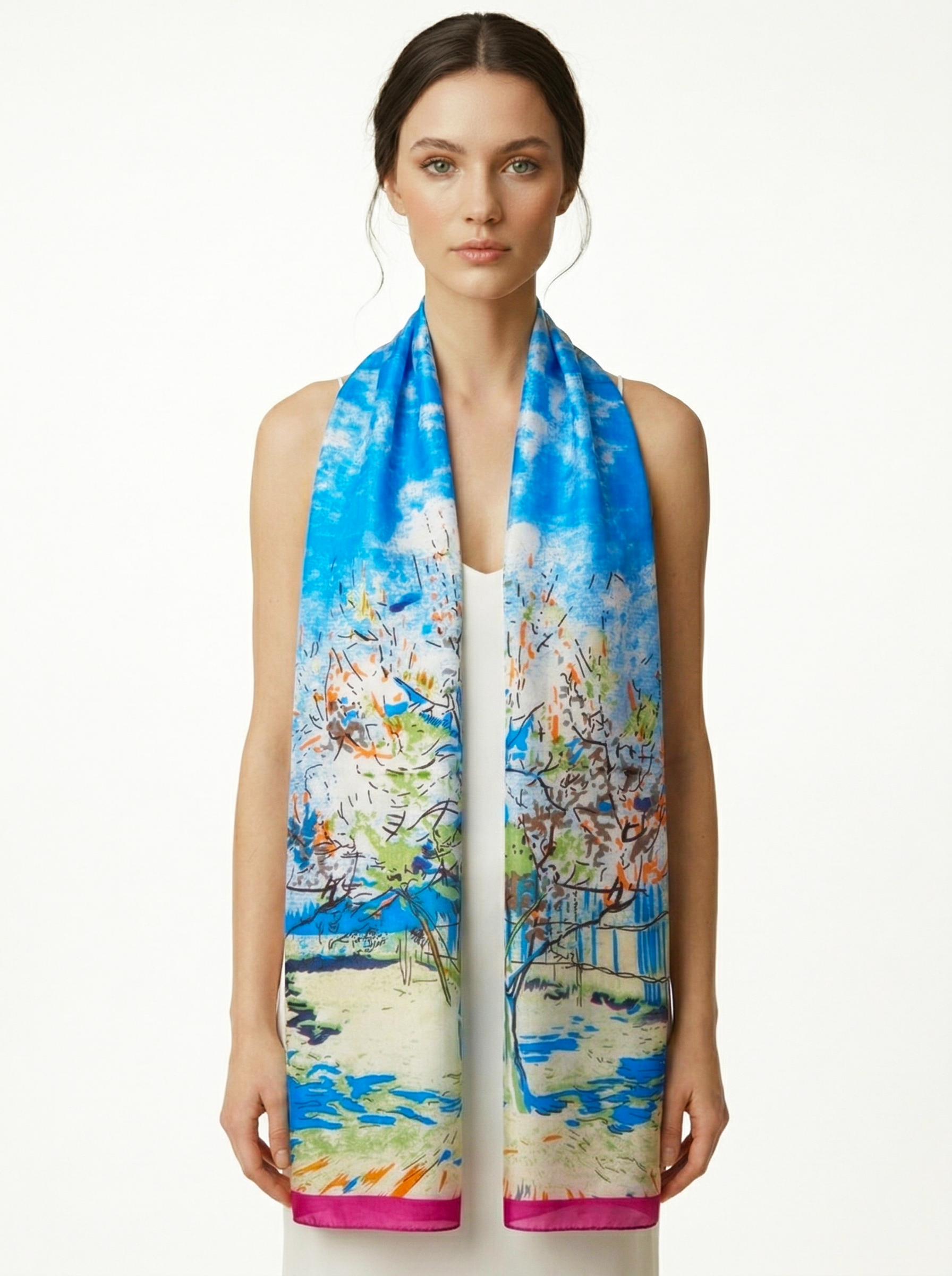 Van Gogh Şeftali Ağaçları Pembe Mavi Uzun İpek Fular