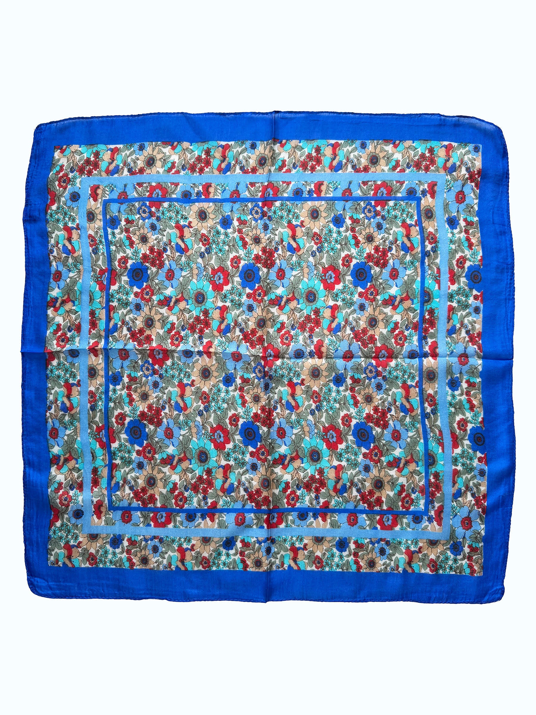 Mavi Kontürlü Mini Çiçekli Kare İpek Fular