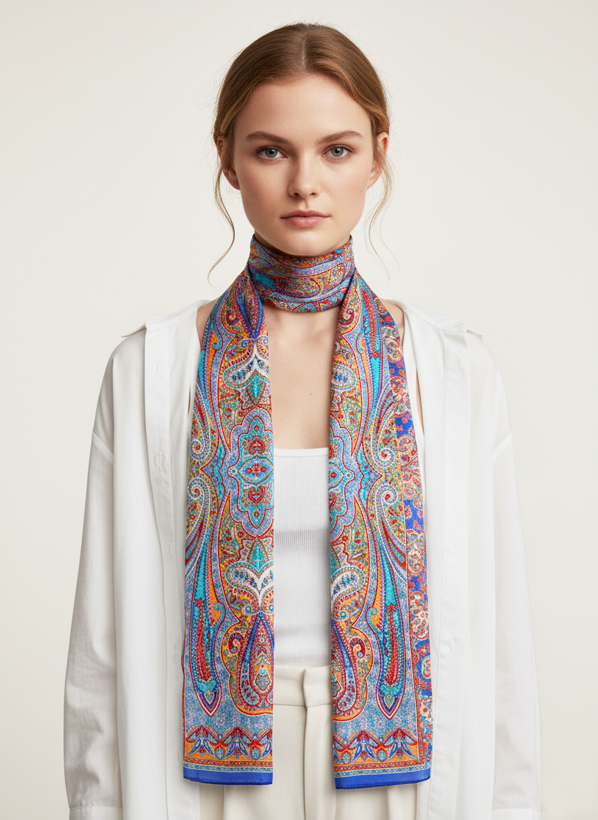 Mavi Şal Desen Uzun İpek Eşarp