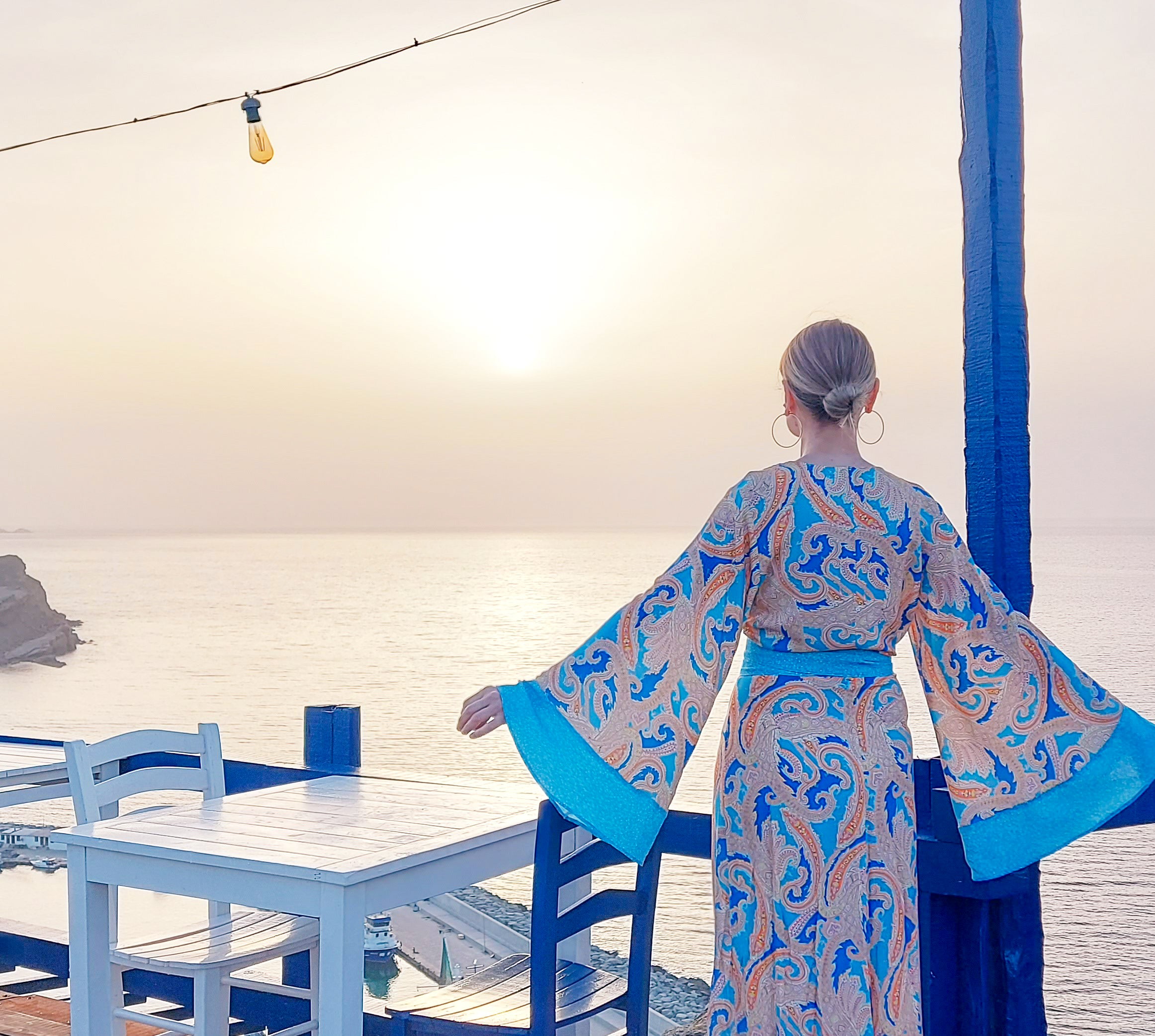 Despina | Mavi Şal Desen Viskon Uzun Kimono Elbise