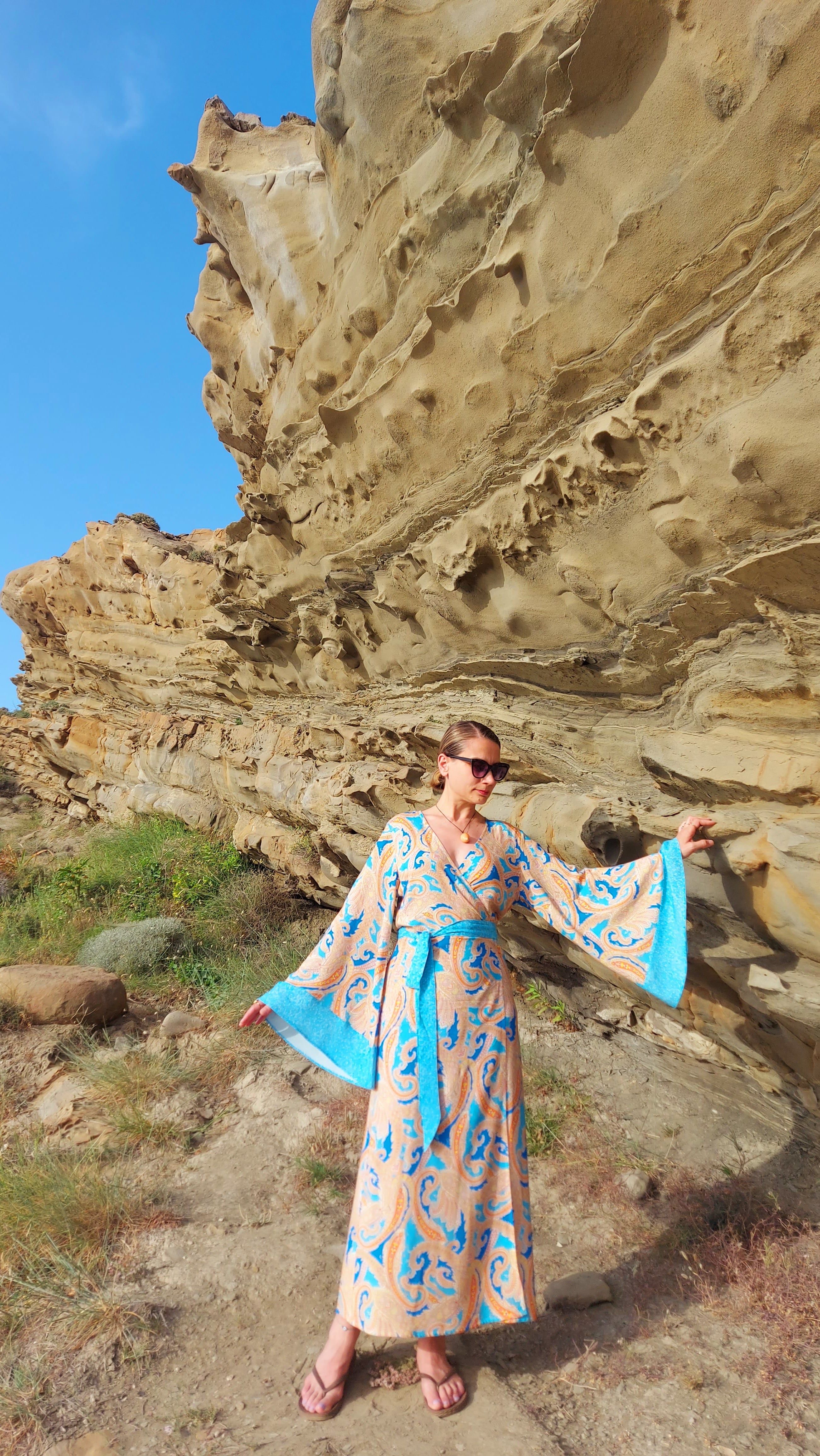 Despina | Mavi Şal Desen Viskon Uzun Kimono Elbise