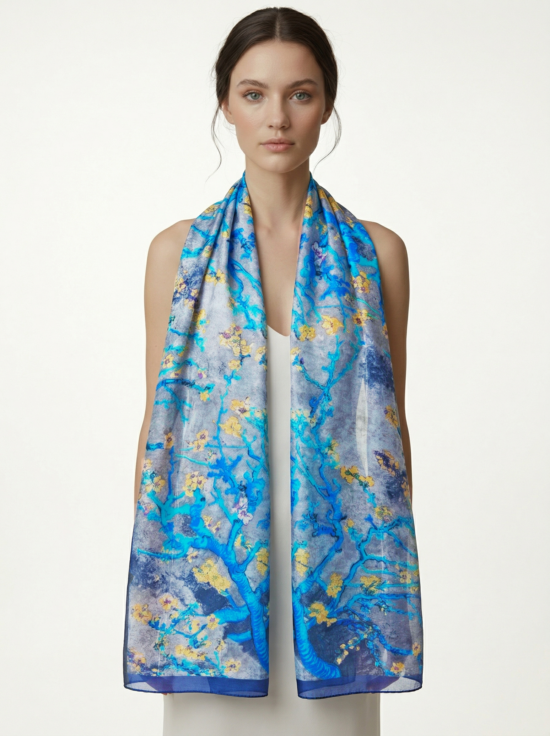 Gri Van Gogh Badem Ağaçları Uzun İpek Fular