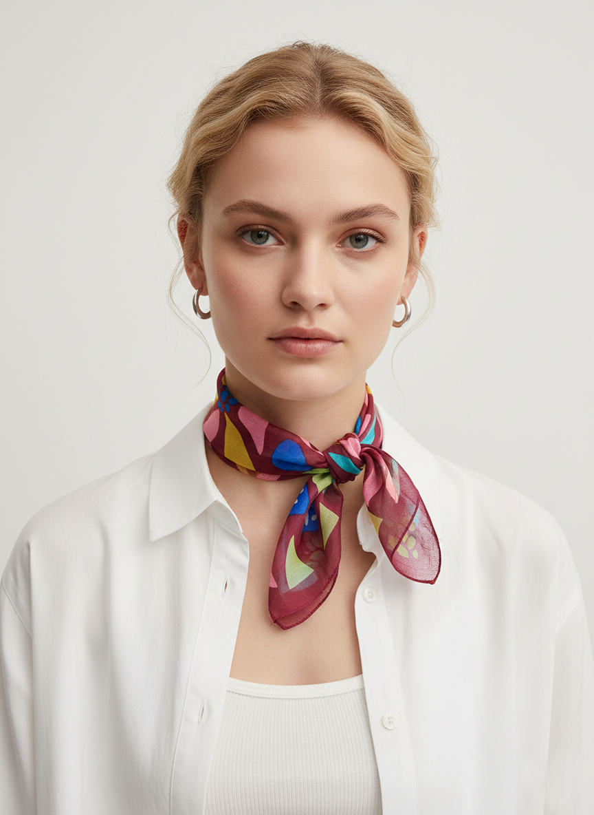 Soyut Çiçek Desenli Kare İpek Fular