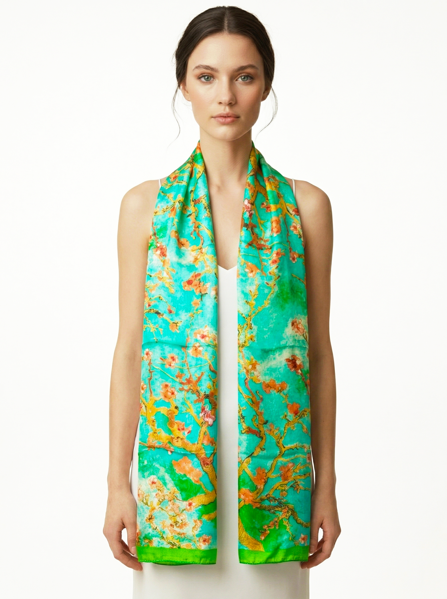 Mint Fosforlu Yeşil Kontürlü Van Gogh Badem Ağaçları Uzun İpek Fular