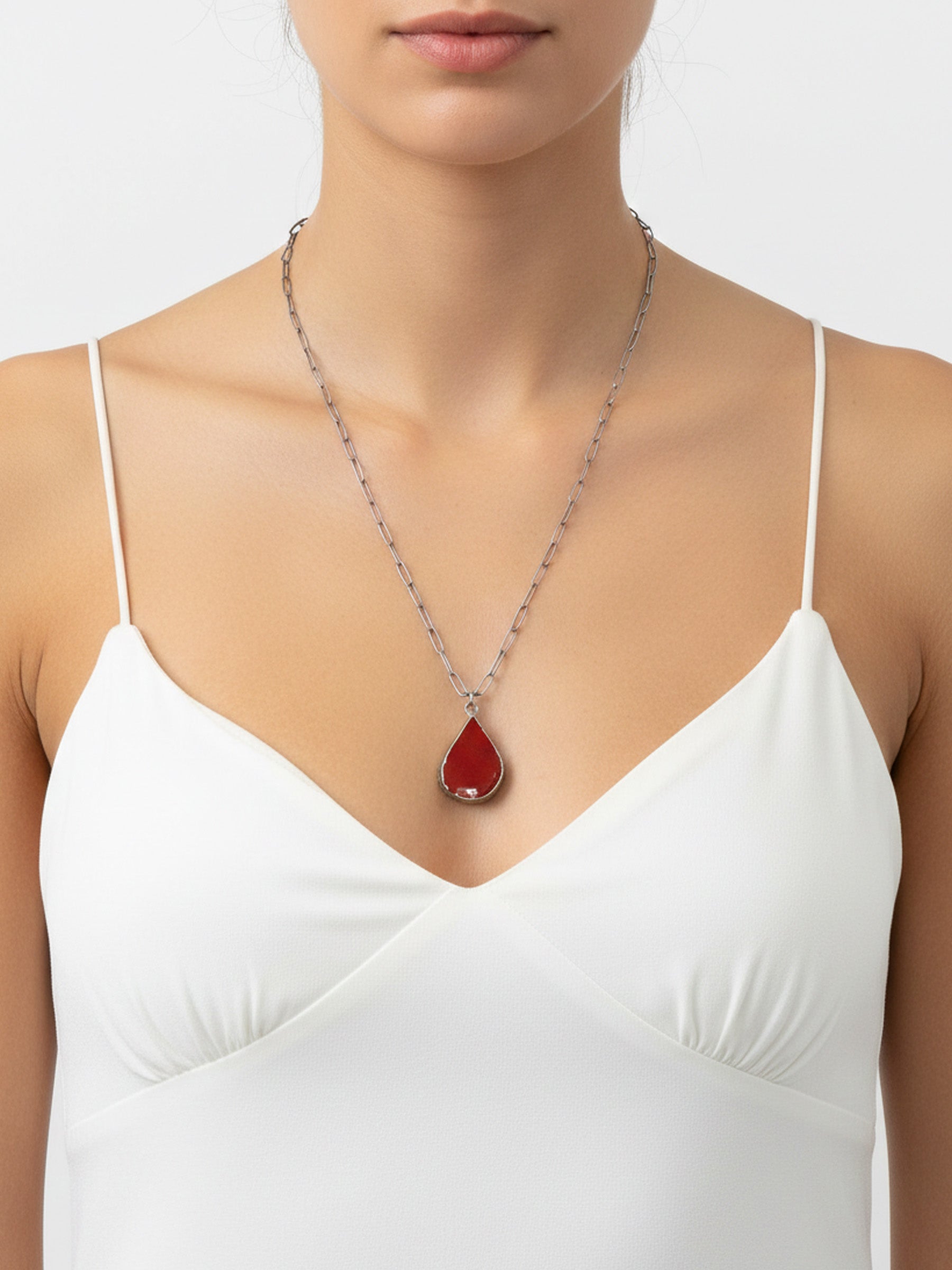 Çelik Zincirli Akik Doğal Taş Kolye