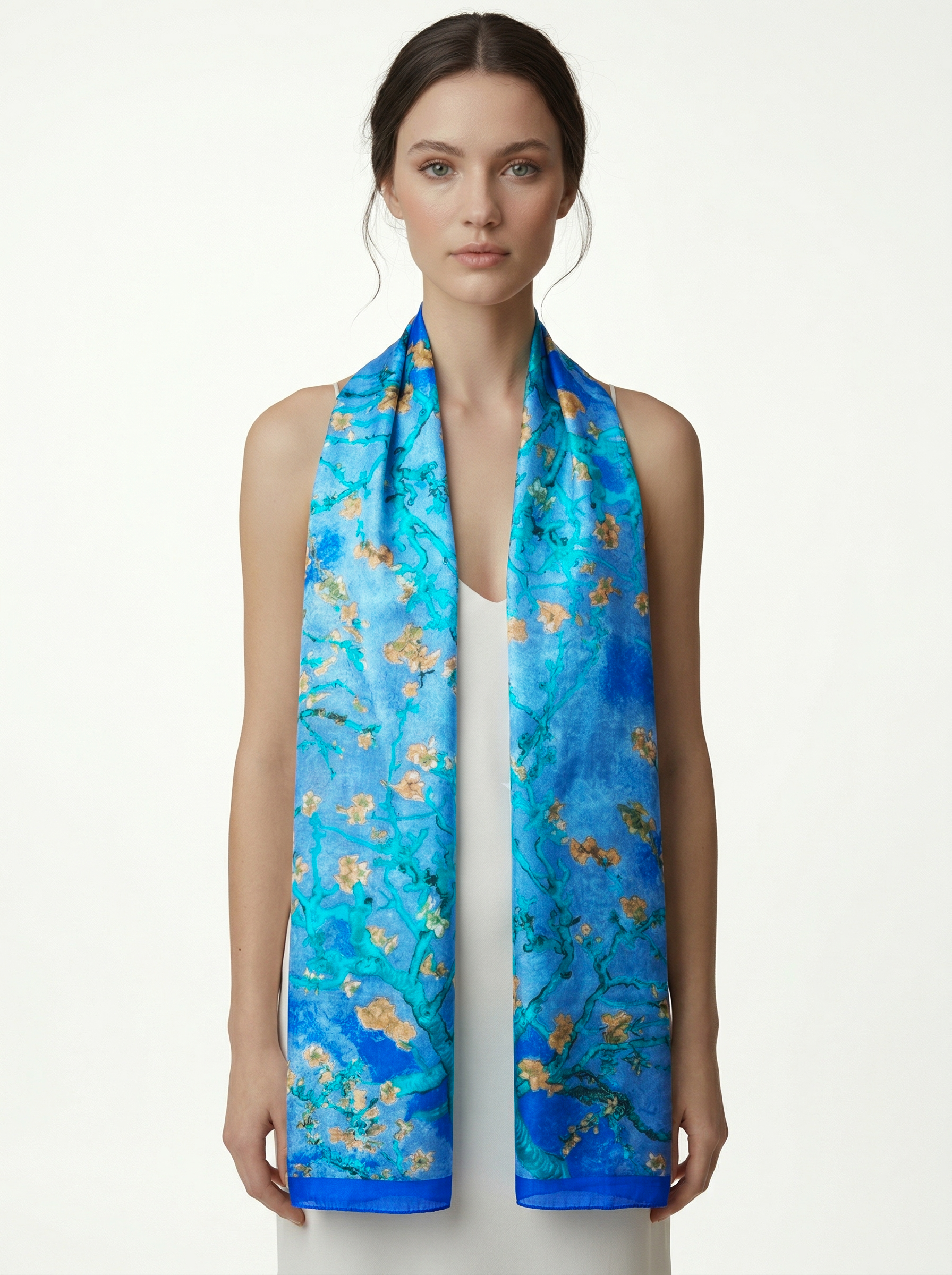 Mavi Van Gogh Badem Ağaçları Uzun İpek Fular