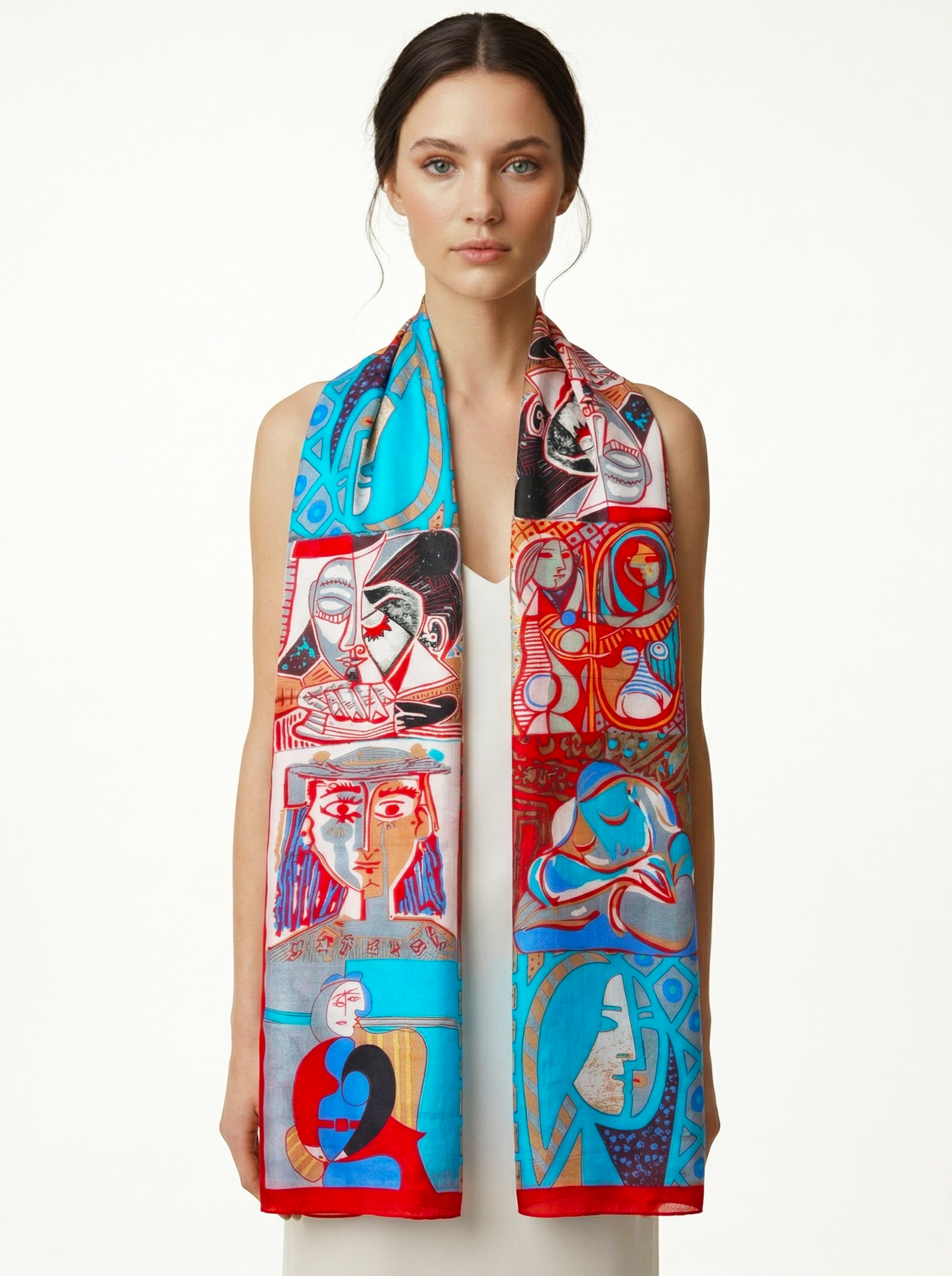 Picasso Kırmızı Turkuaz Uzun İpek Fular