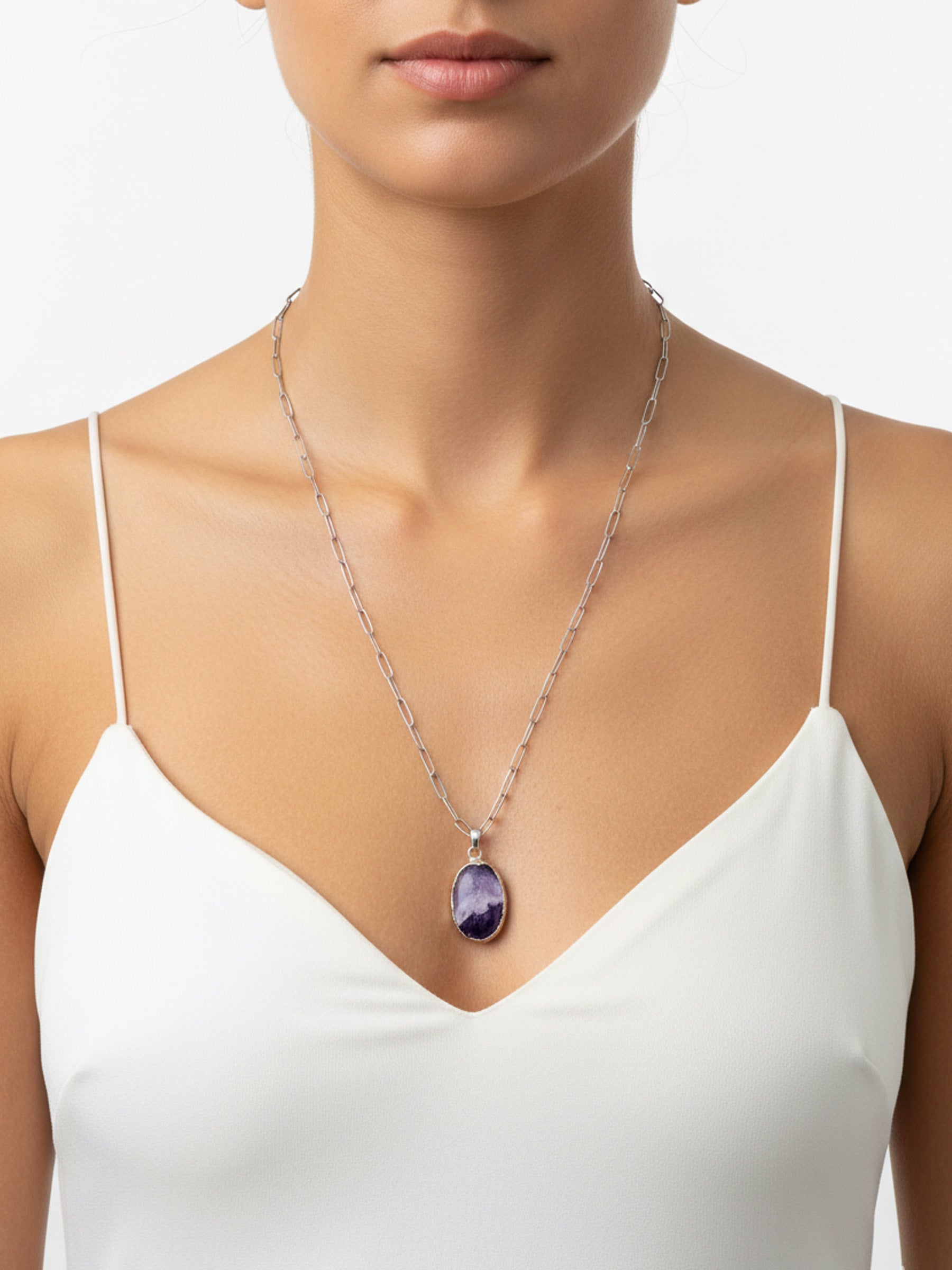 Çelik Zincirli Ametist Doğal Taş Kolye