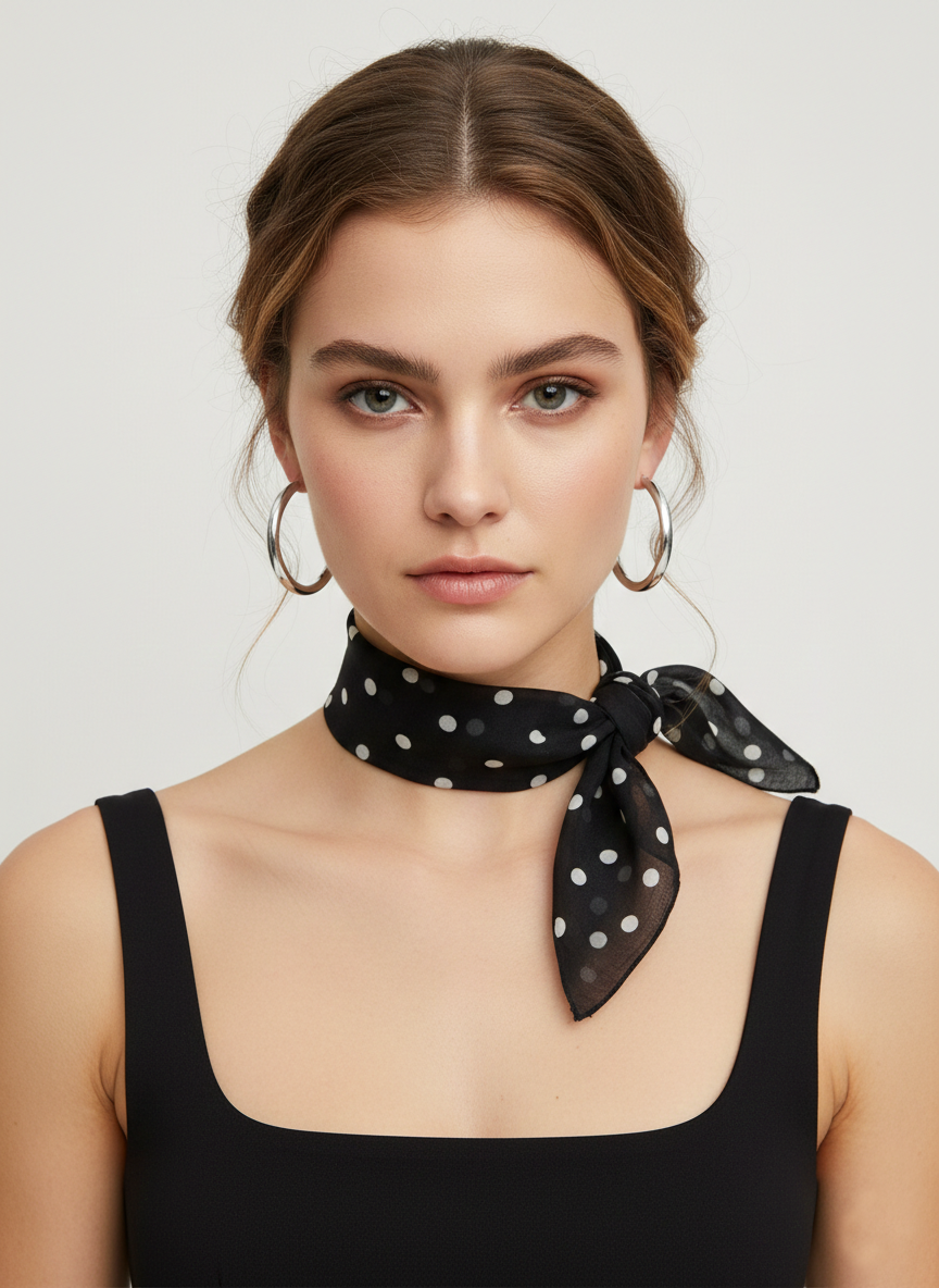 Siyah Beyaz Puanlı Kare İpek Fular