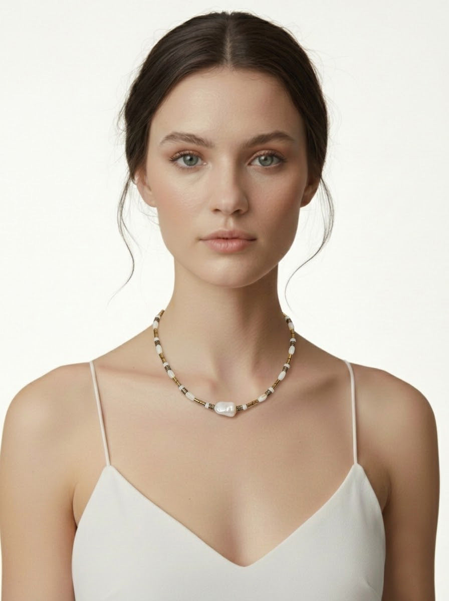 Hematit, Sedef ve Barok İnci Doğal Taş Kolye