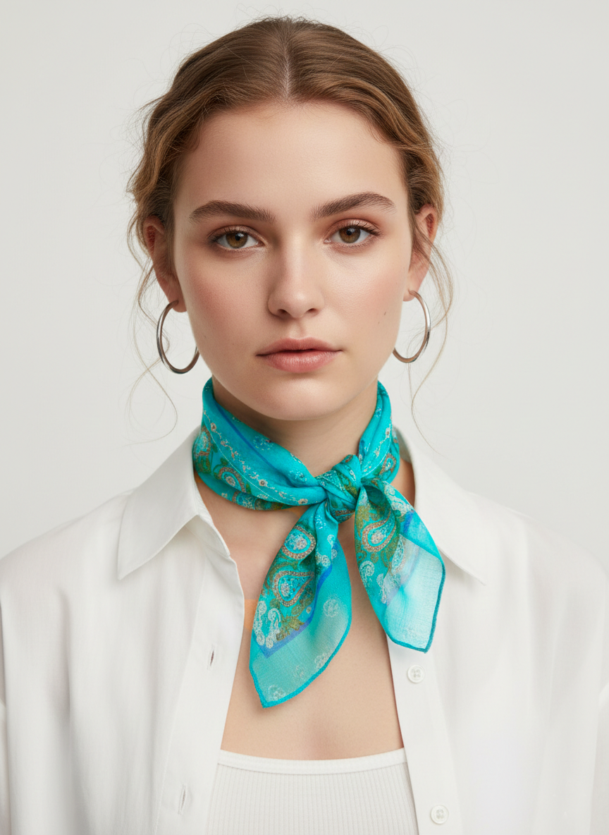 Turkuaz Şal Desenli Kare İpek Fular