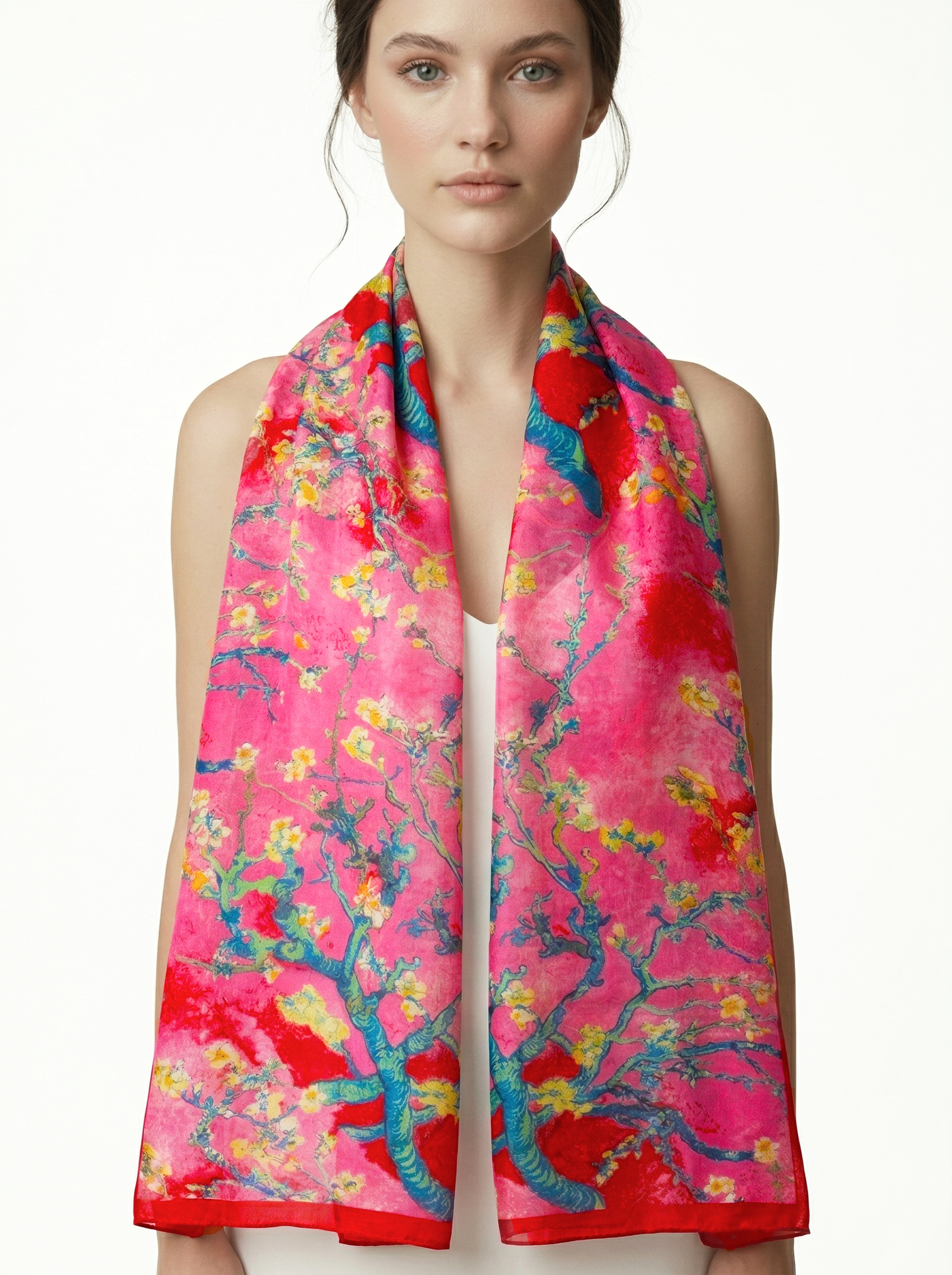 Kırmızı Van Gogh Badem Ağaçları Uzun İpek Fular