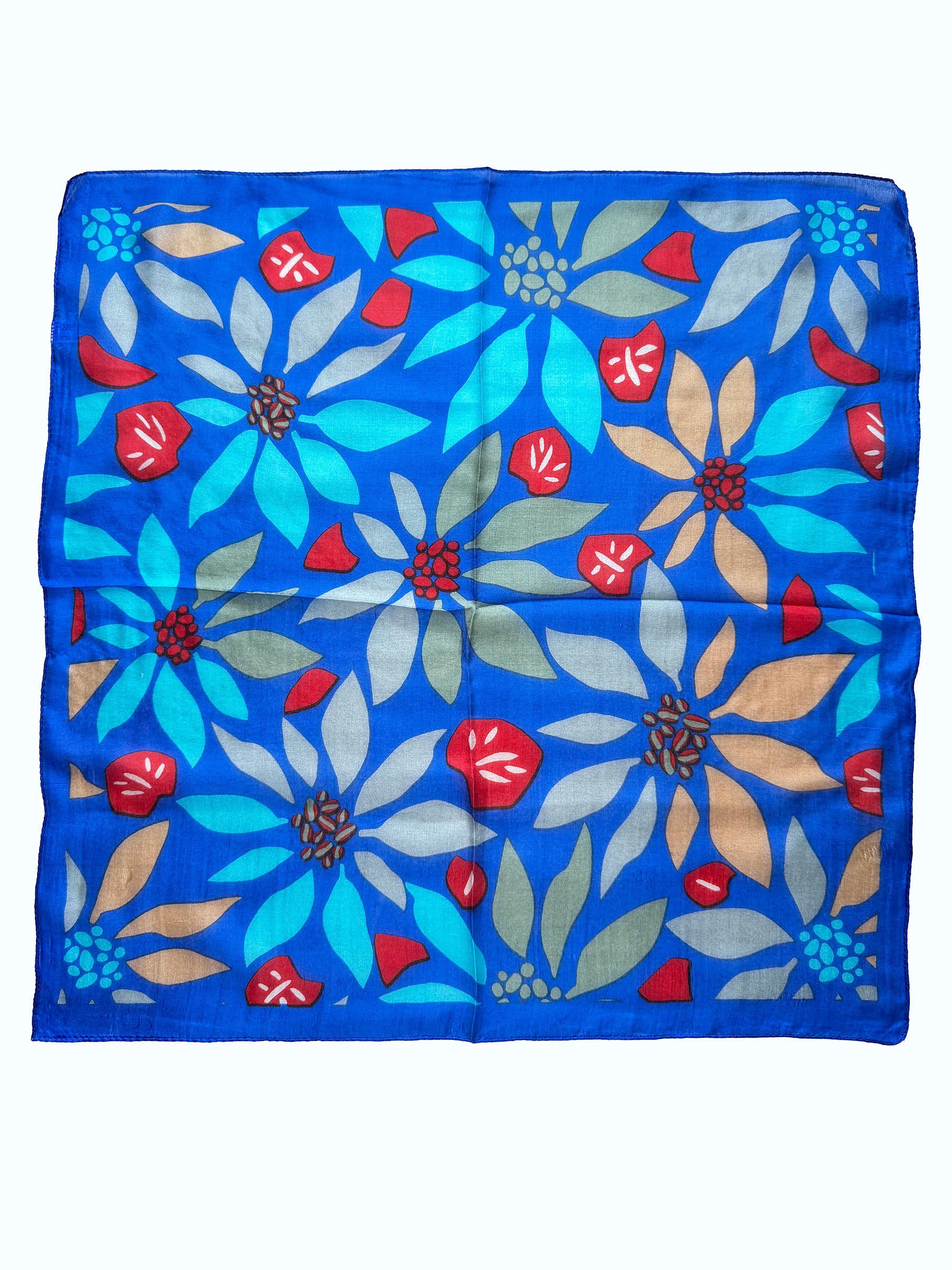 Mavi Büyük Soyut Çiçekli Kare İpek Fular