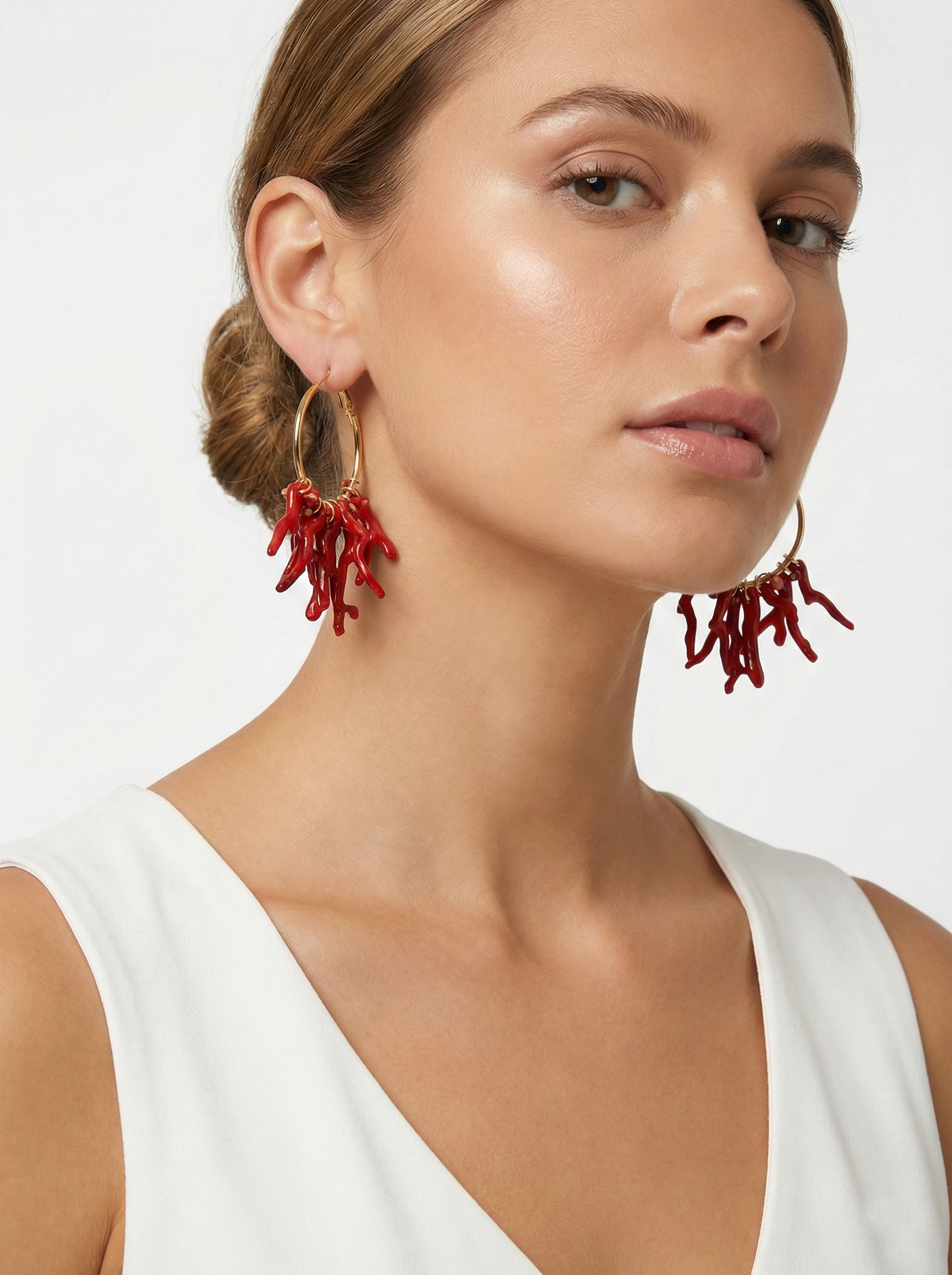 Kırmızı Mercan Formlu Halka Küpe