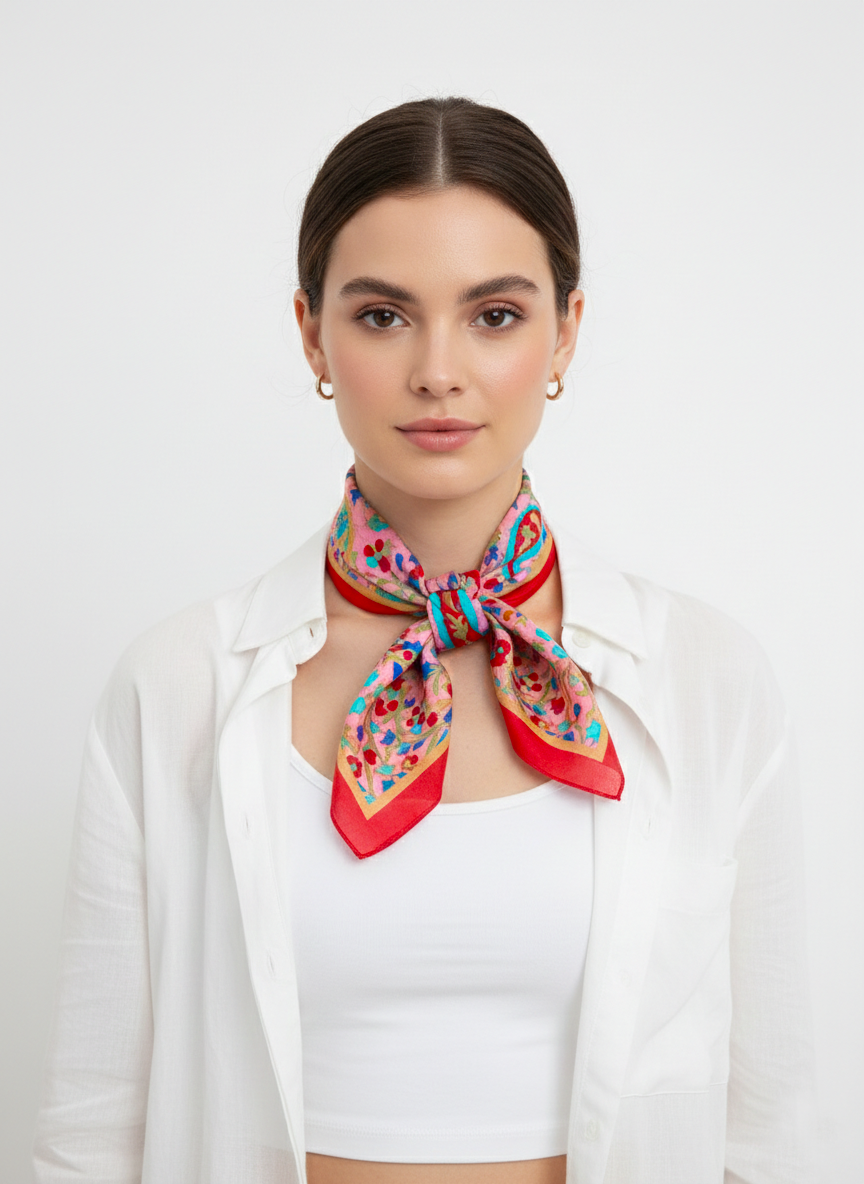 Somon Kırmızı Pastel Renk Kare İpek Fular