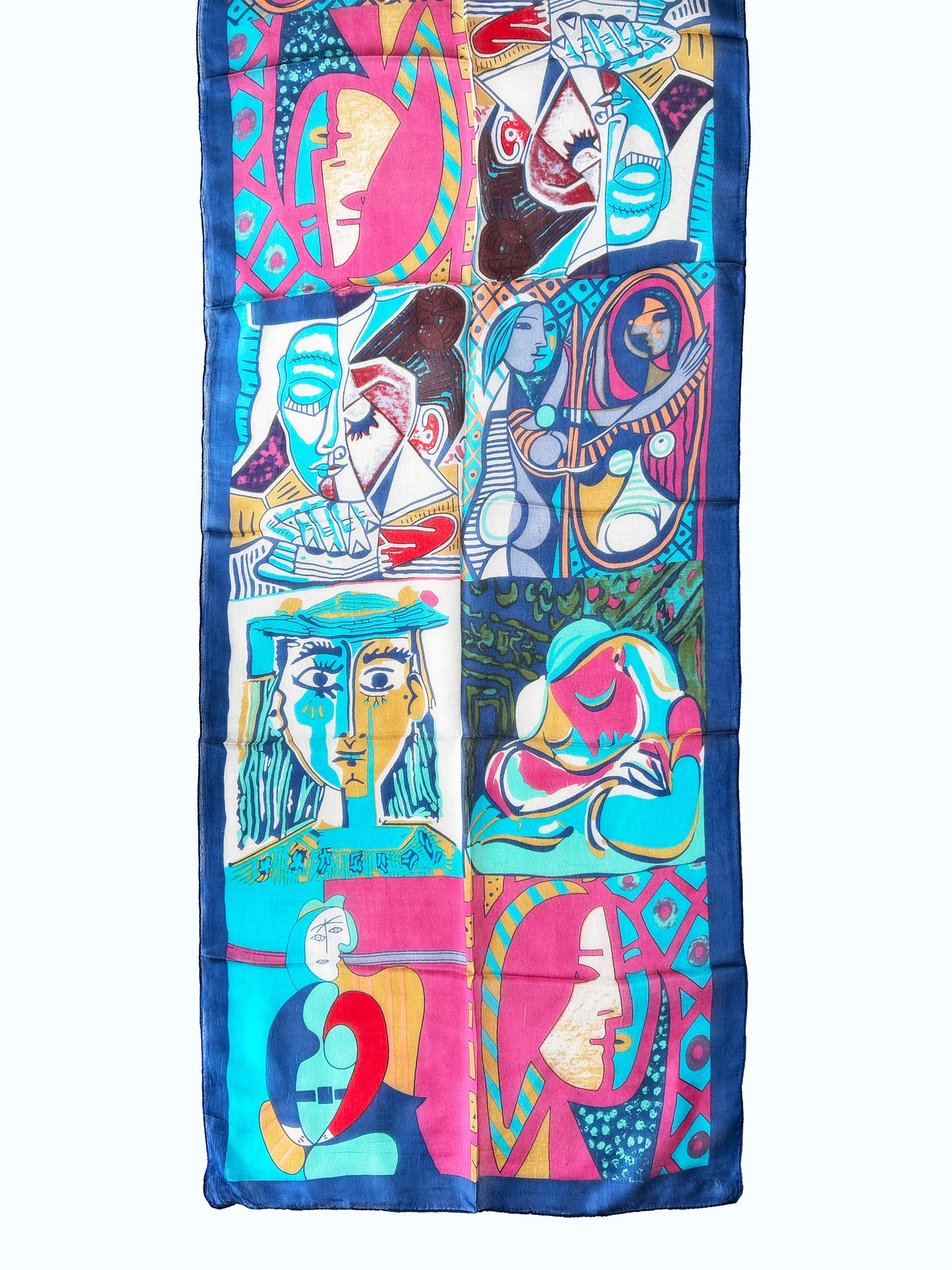 Picasso Pembe Lacivert Uzun İpek Fular