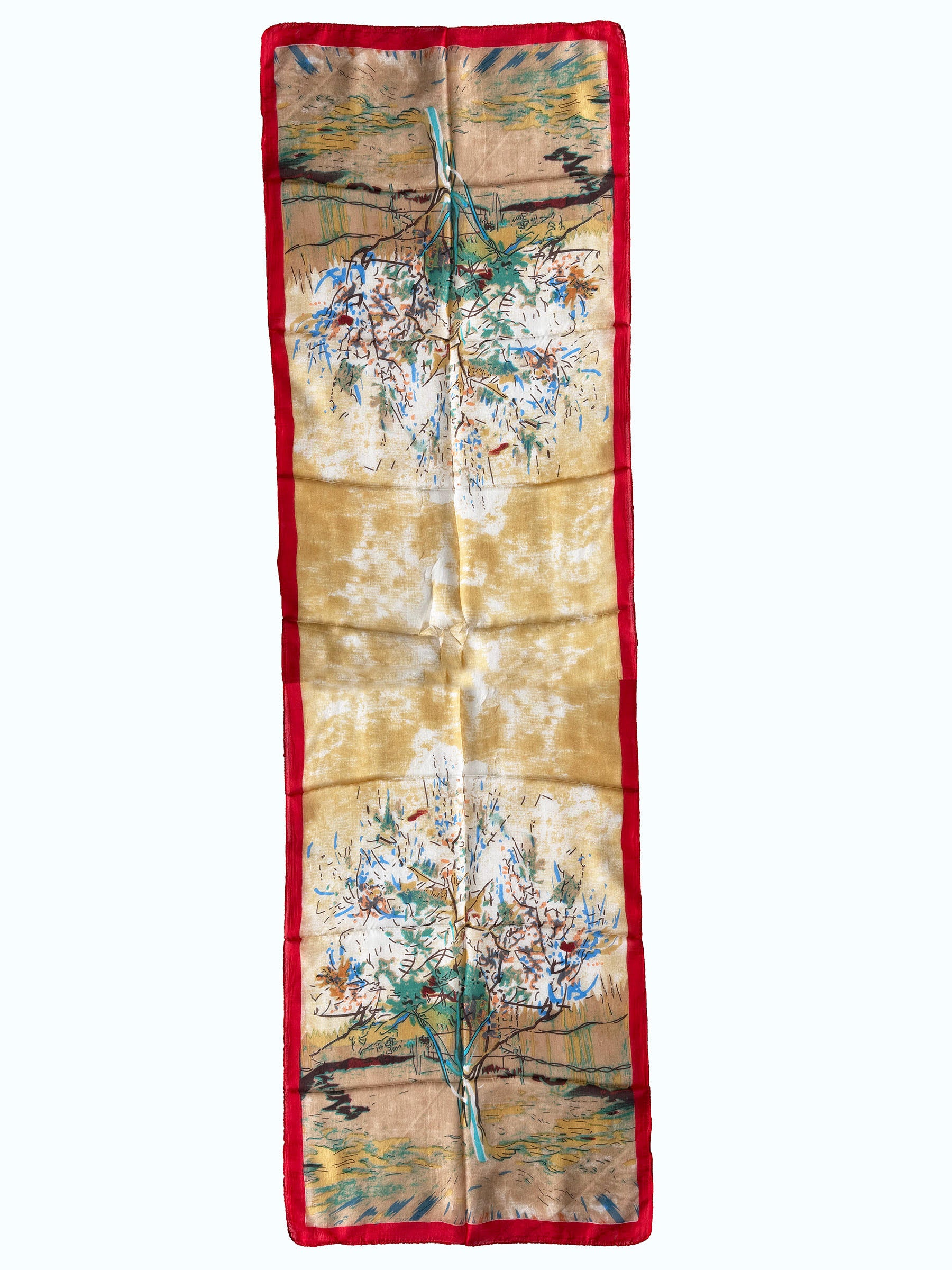 Van Gogh Şeftali Ağaçları Bej Kahve Uzun İpek Fular