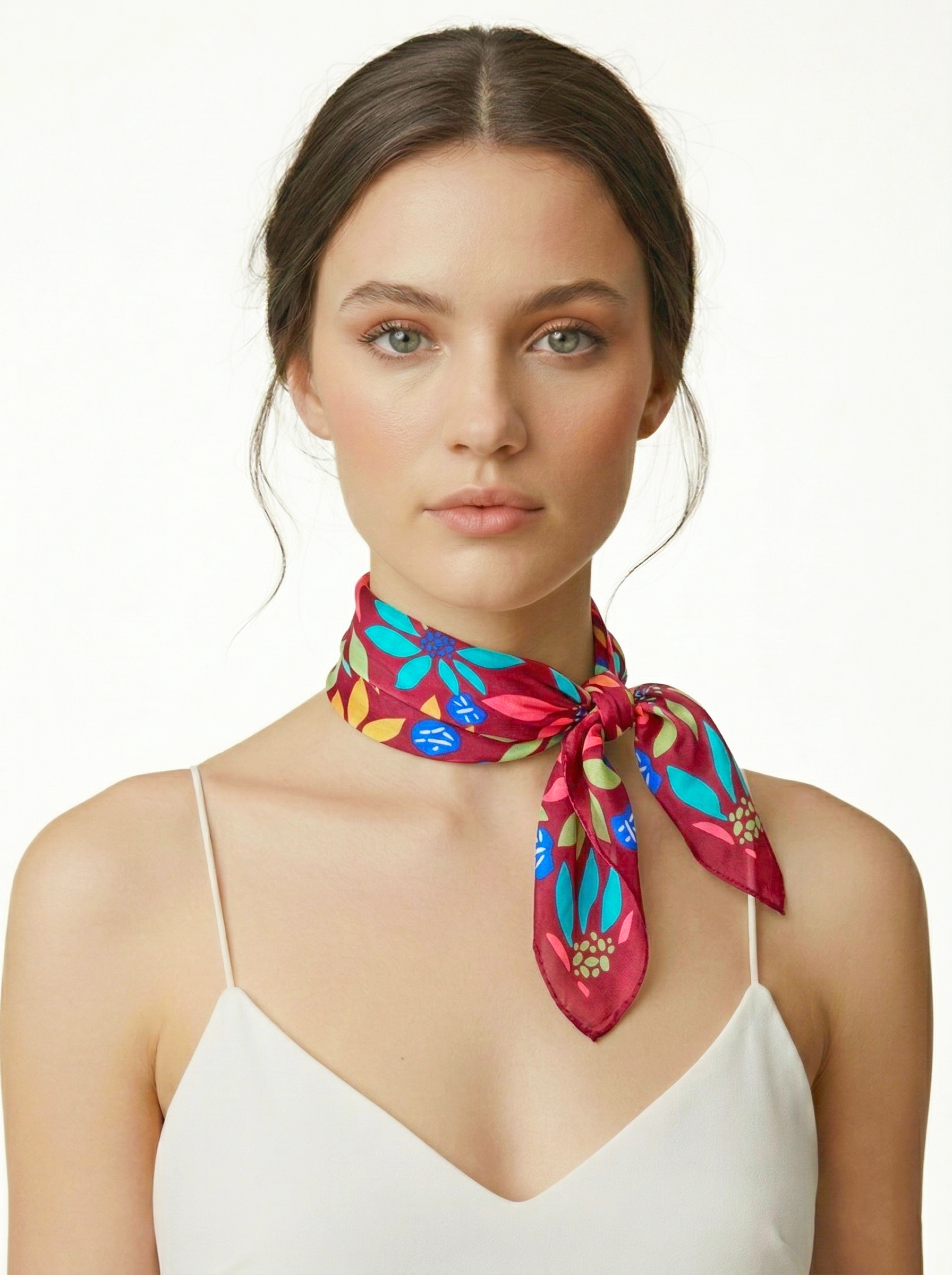 Bordo Büyük Soyut Çiçekli Kare İpek Fular