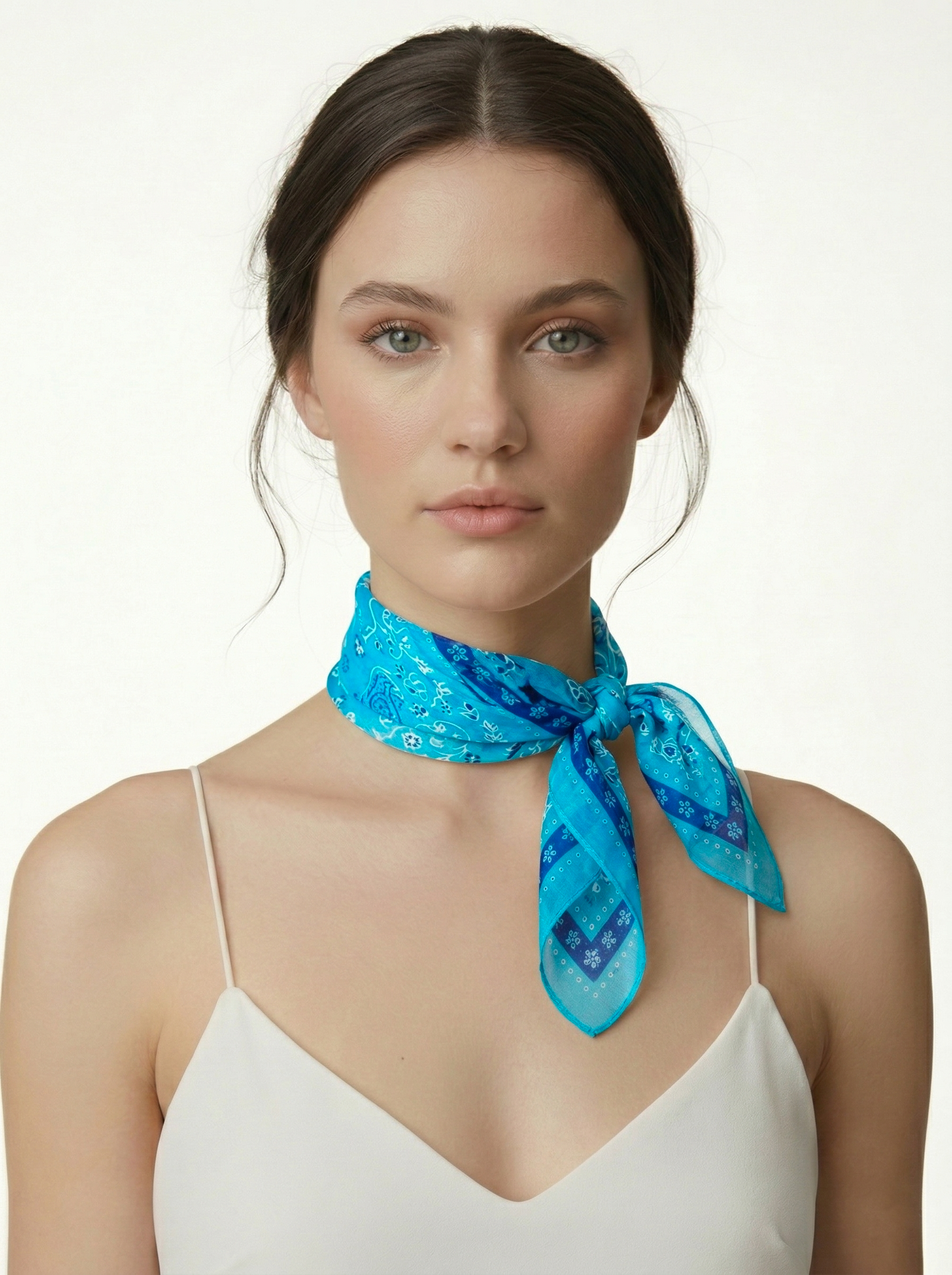 Turkuaz Mini Şal Desen Kare İpek Fular