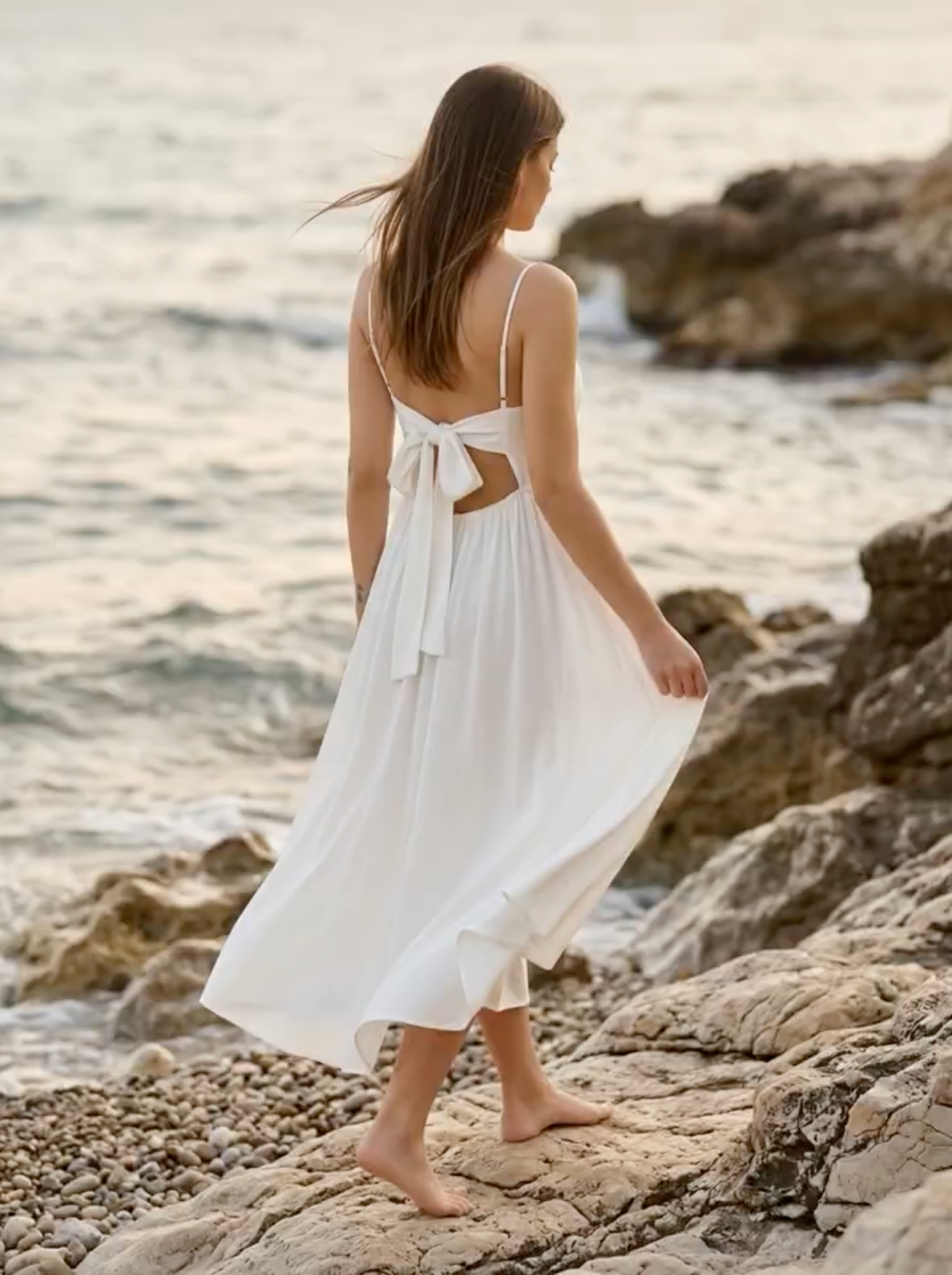 walking bare foot on the rocks by the sea with Doris white summer dress