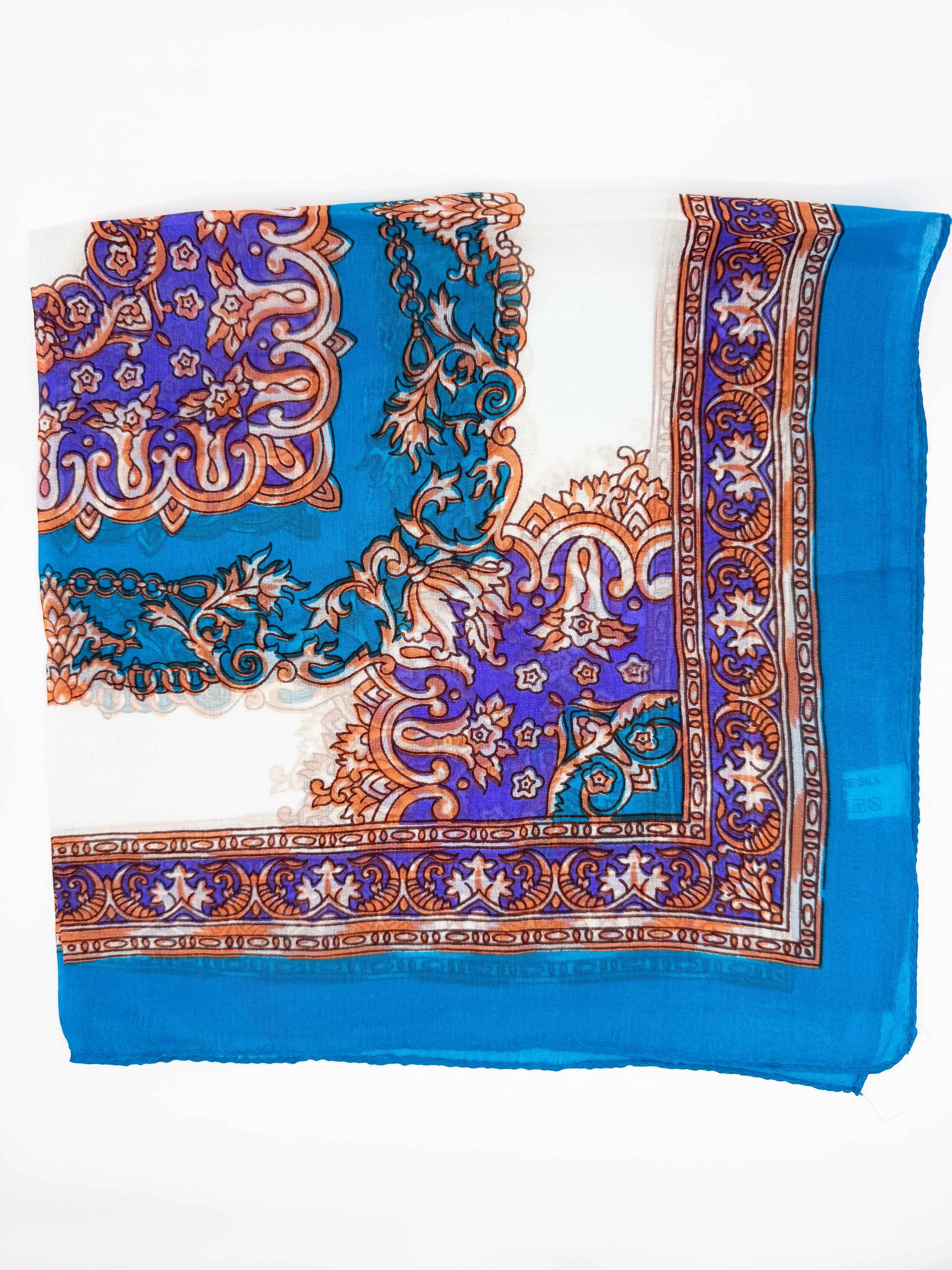 Mor, Turkuaz, Beyaz Şal Desenli Kare İpek Fular