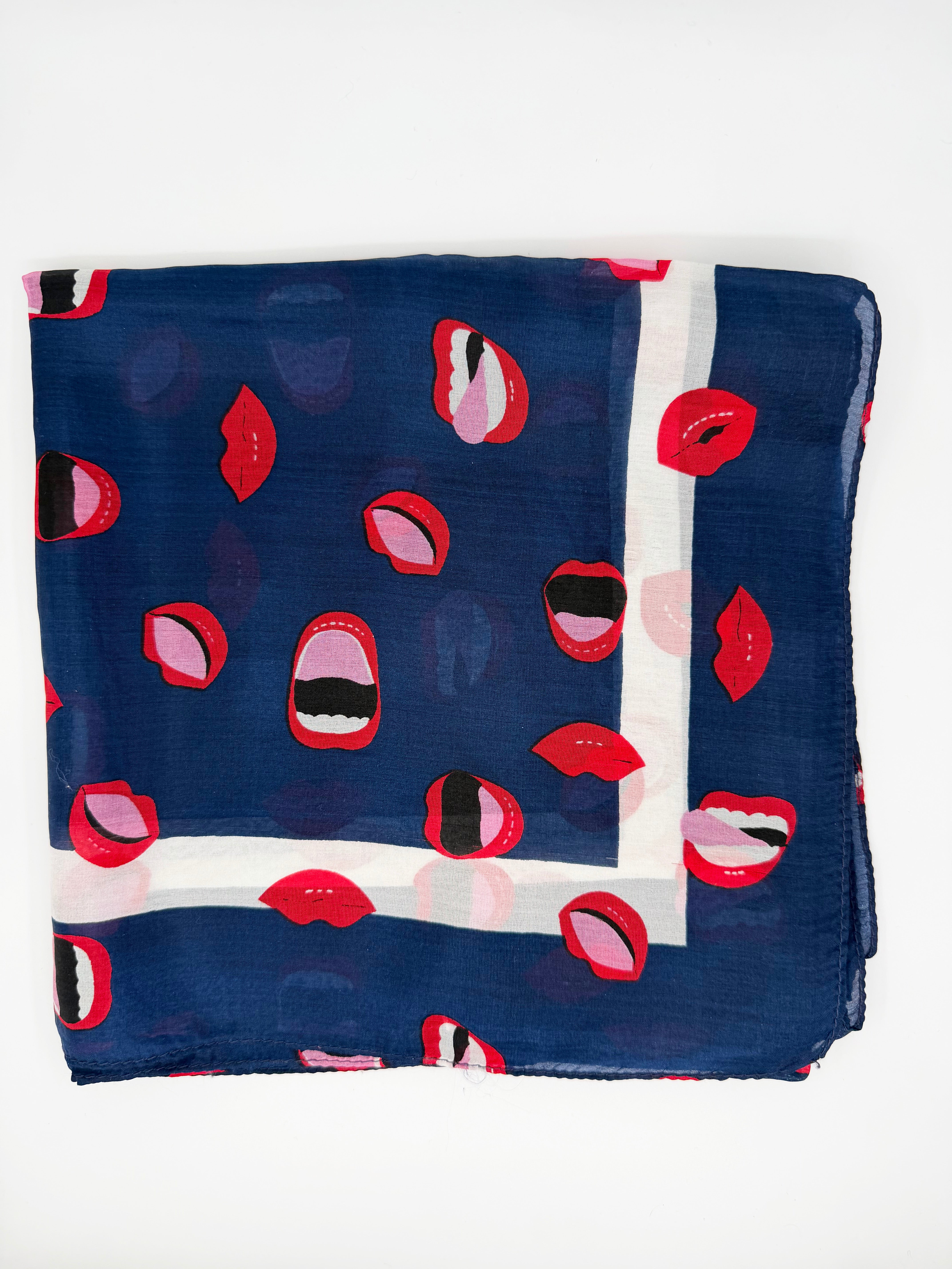 Lacivert Dudak Desen Büyük Kare İpek Fular