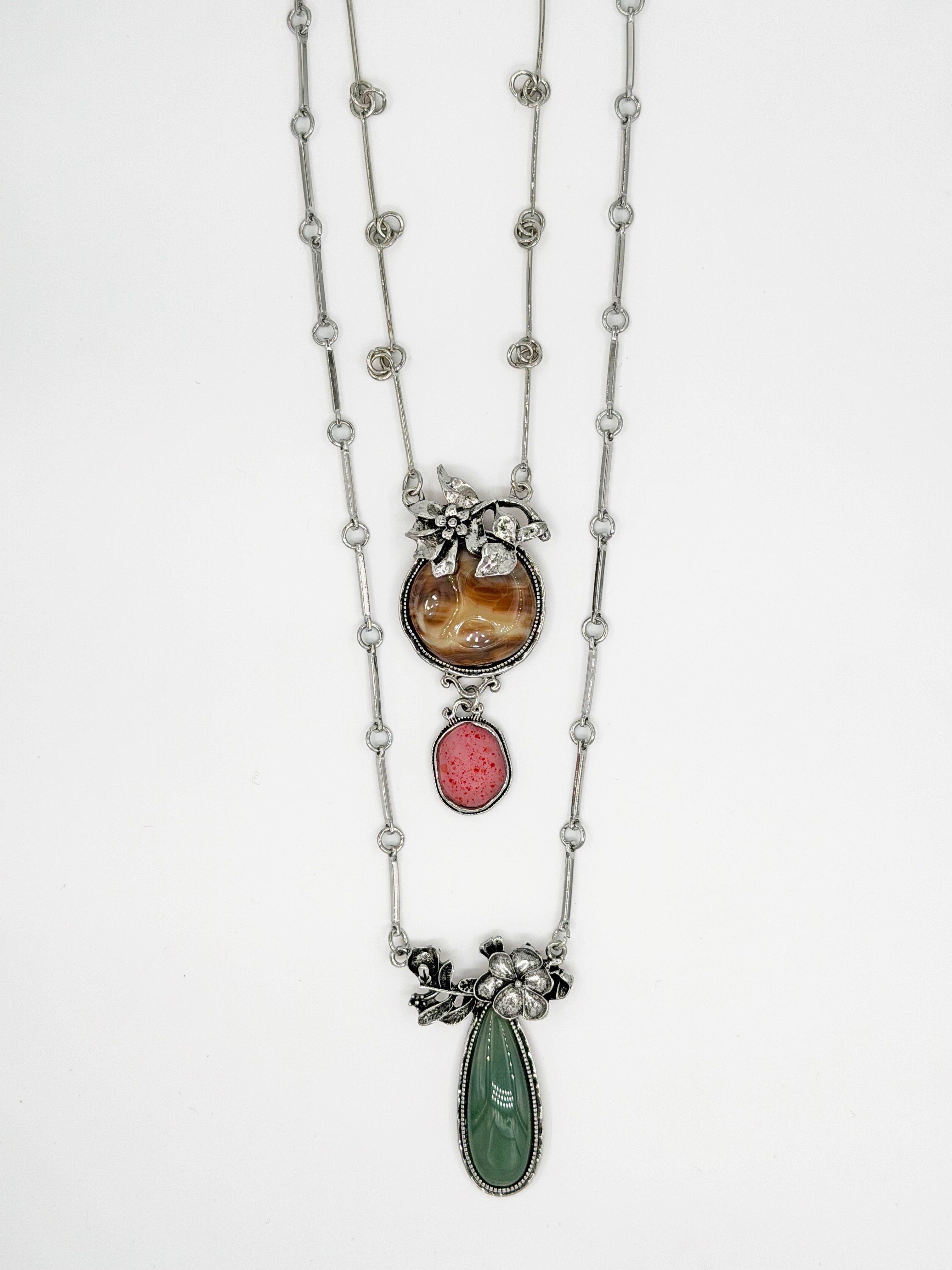 İkili Uzun Çiçekli Doğal Taş Kolye