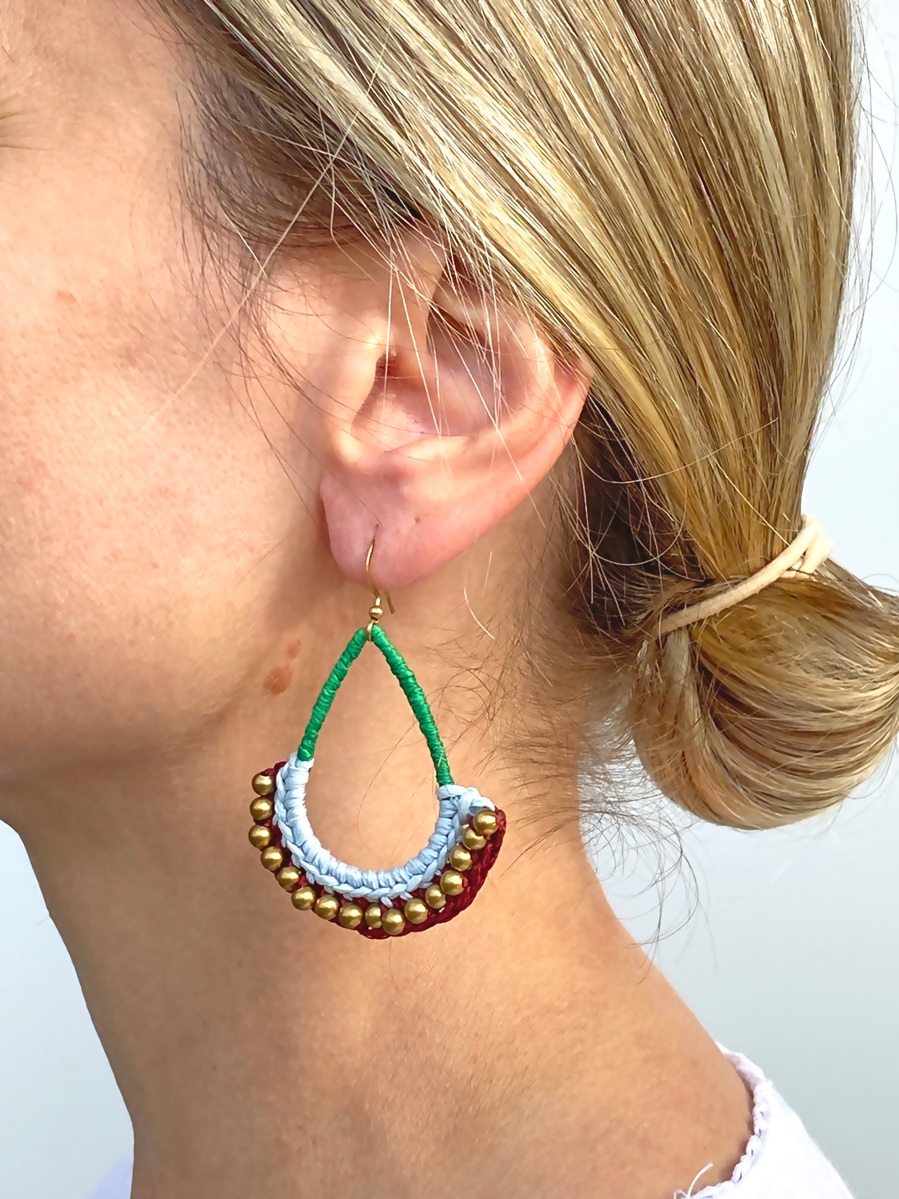 Yeşil Mavi El Yapımı Örgü Küpe