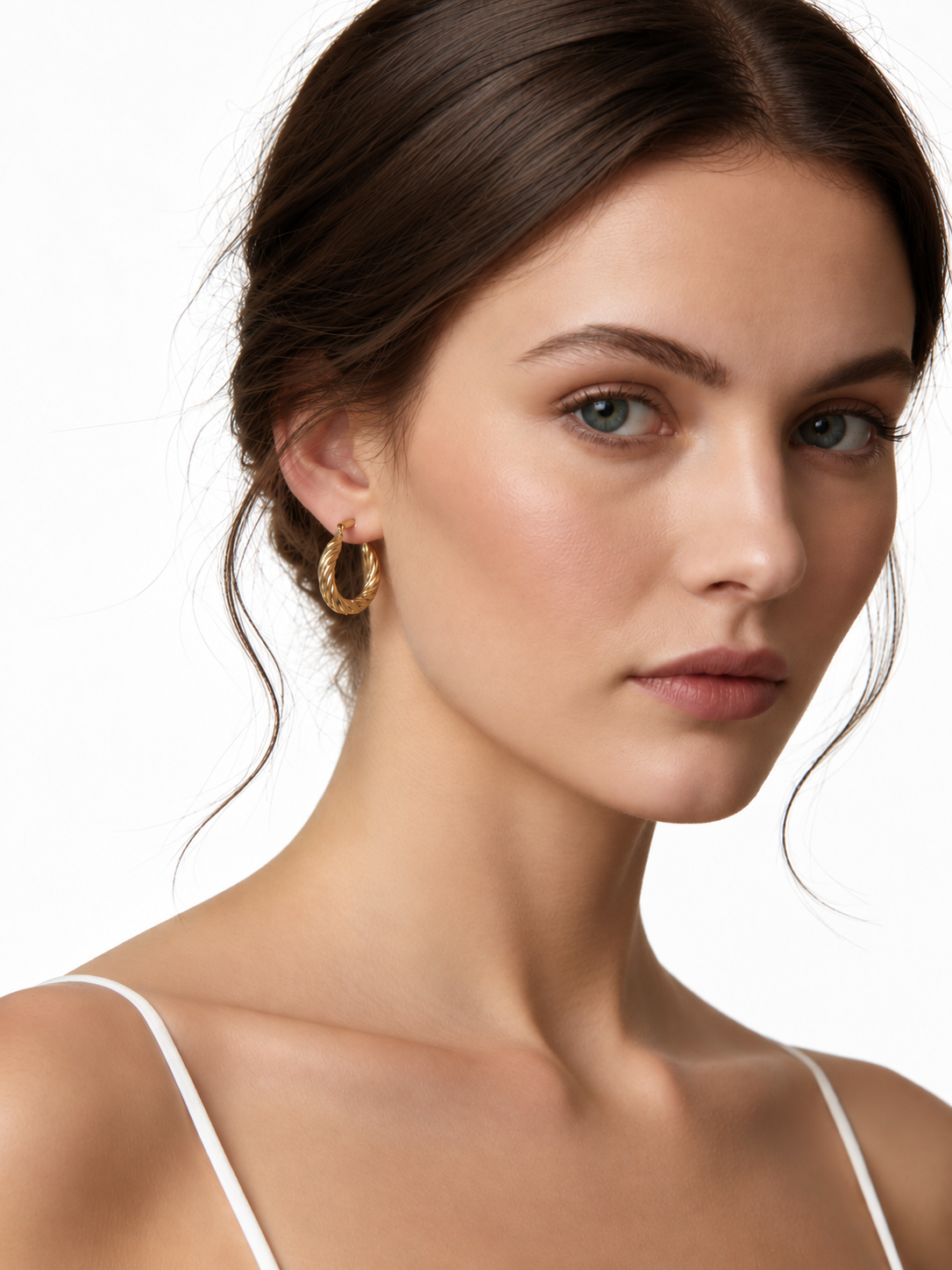 Vortex Gold Hoop Stainless Steel Earrings on a Beauty Portrait