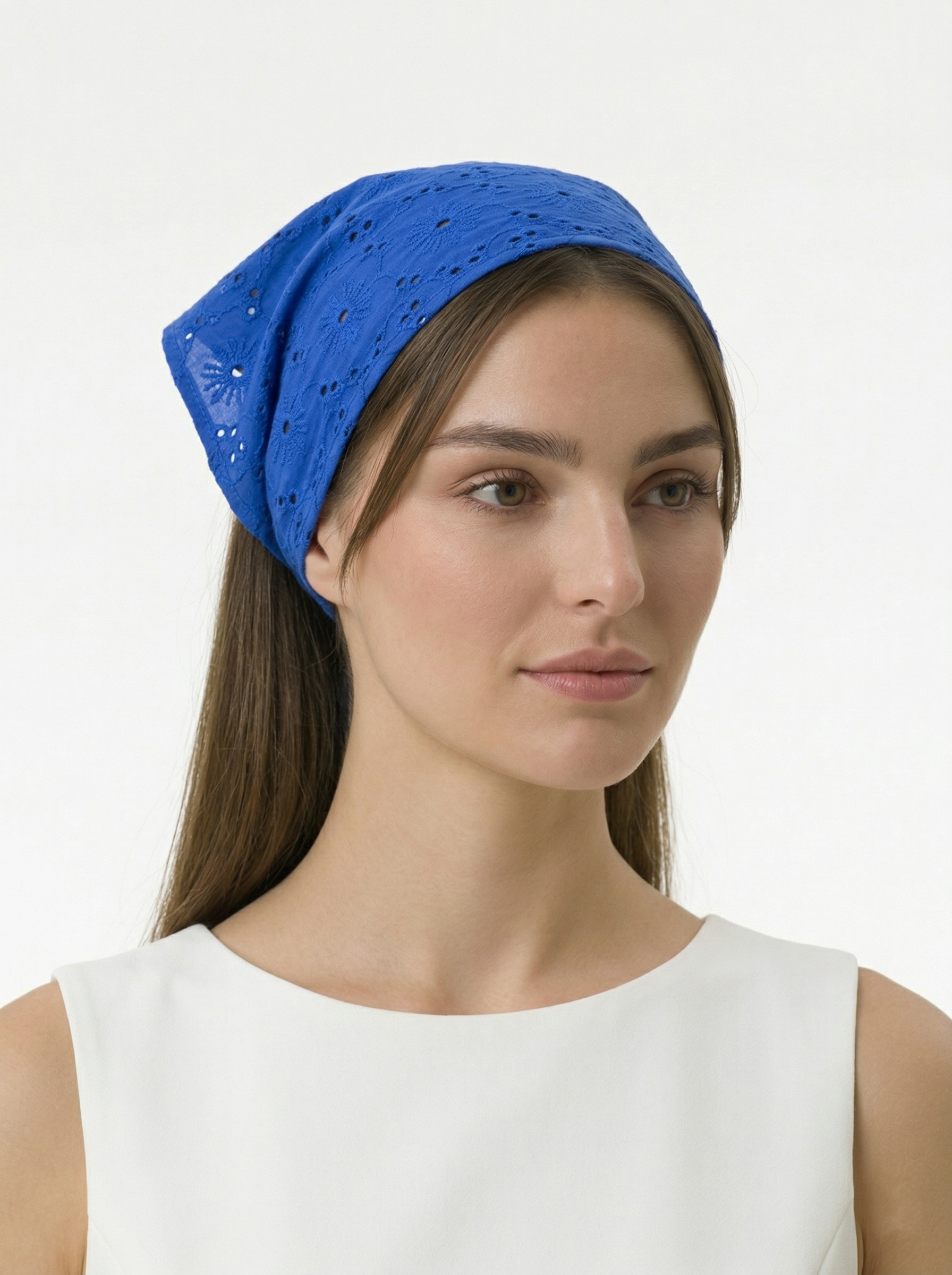 Blue broderie anglaise cotton triangle bandana front view