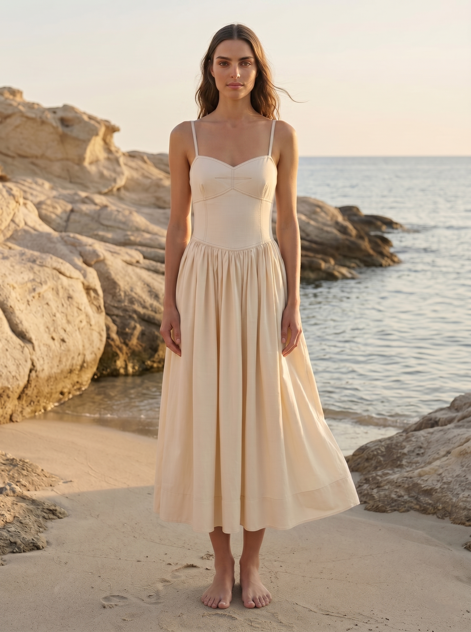 Cream corset midi dress with voluminous skirt styled in Mediterranean setting