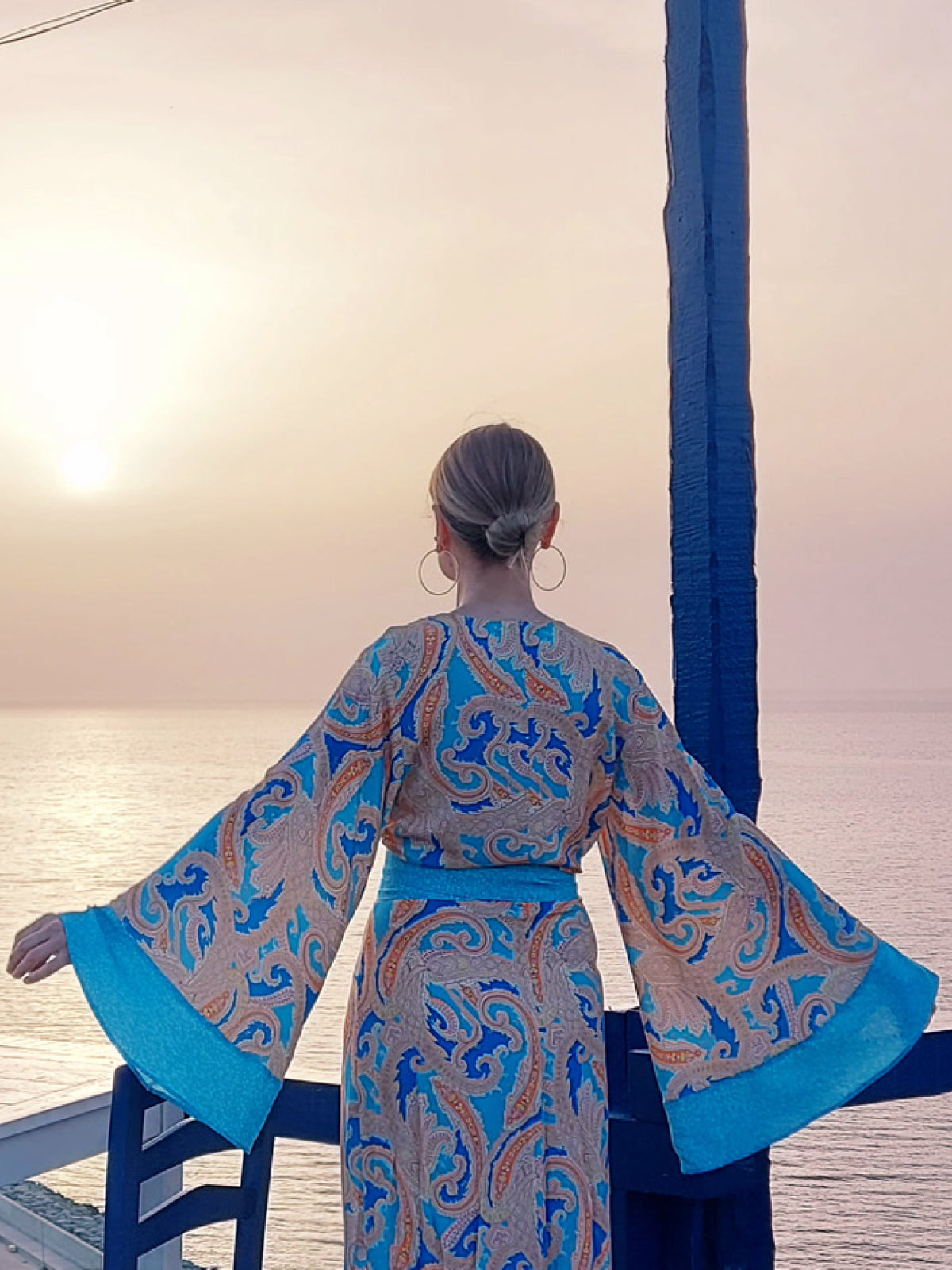 Despina | Mavi Şal Desen Viskon Uzun Kimono Elbise