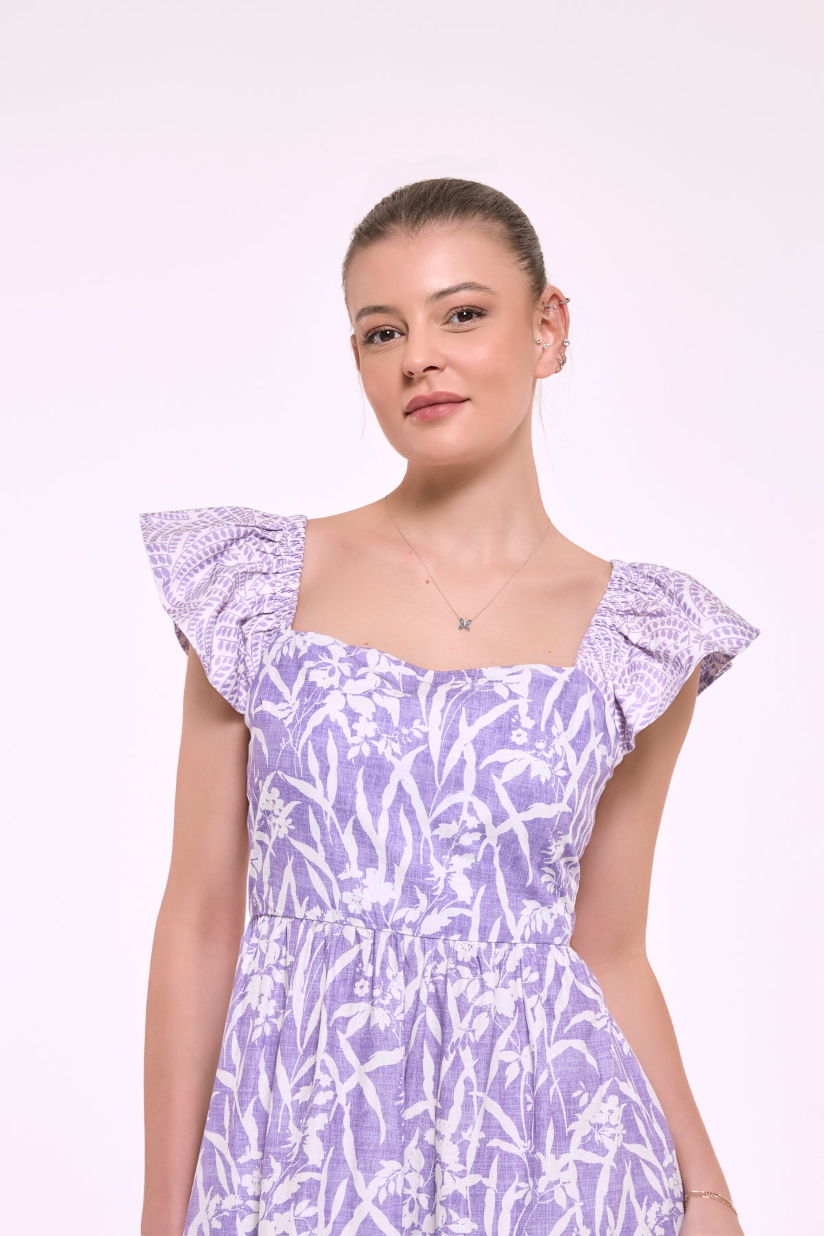 Botanical-inspired abstract print detail on Dafne lilac cotton poplin square neckline dress