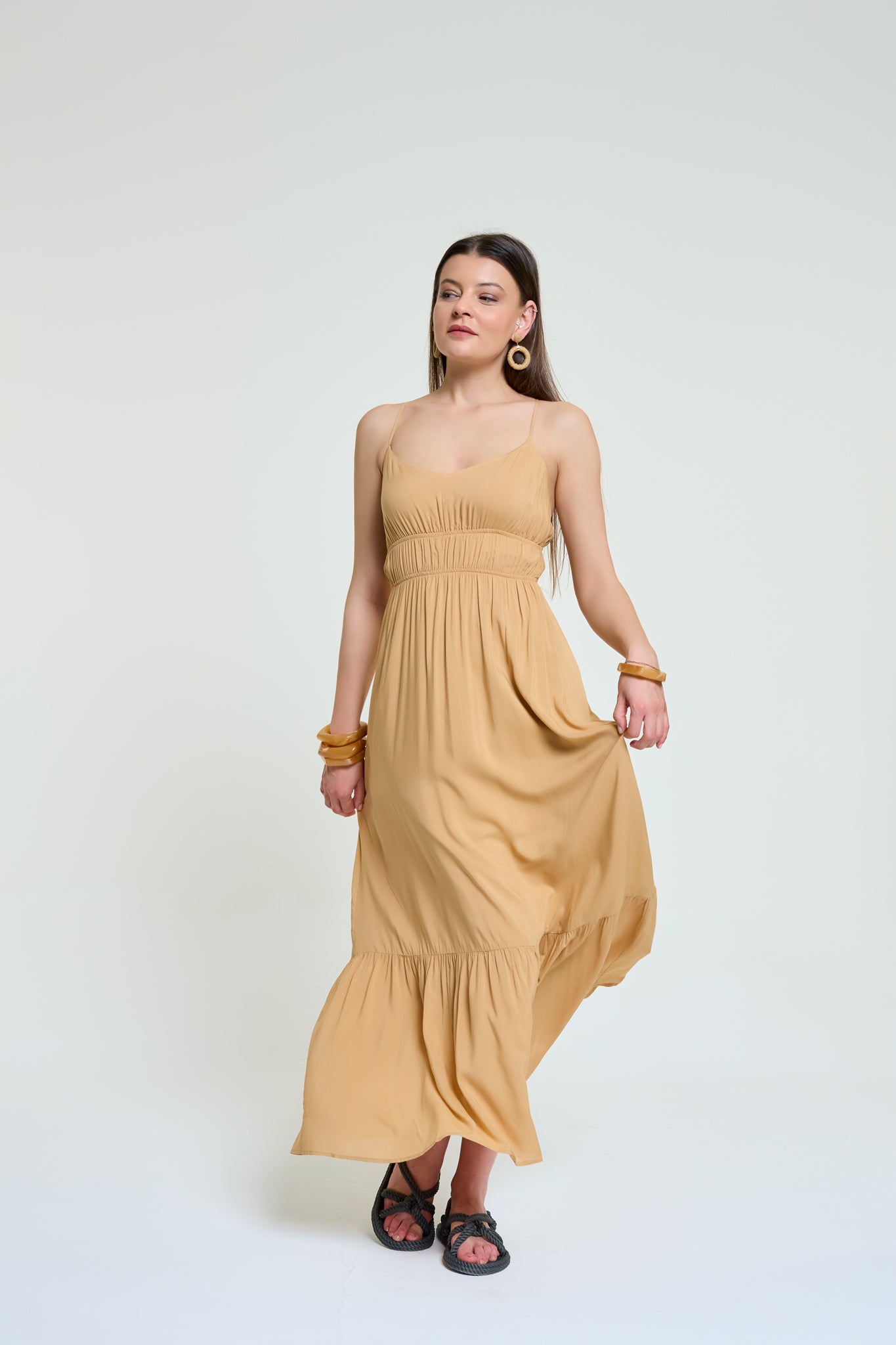 Demeter beige flowy dress in motion