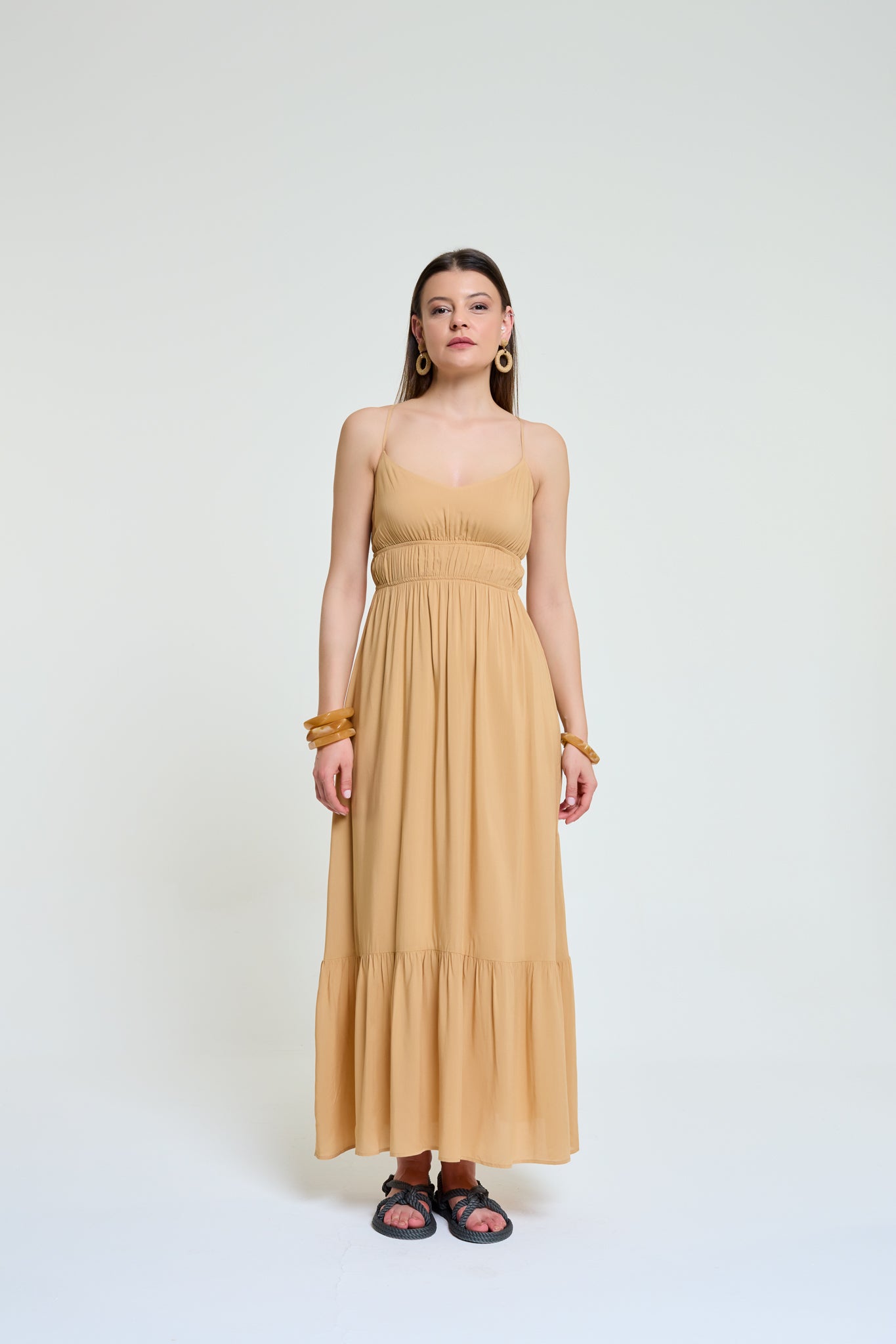 Demeter beige long goddess dress front view