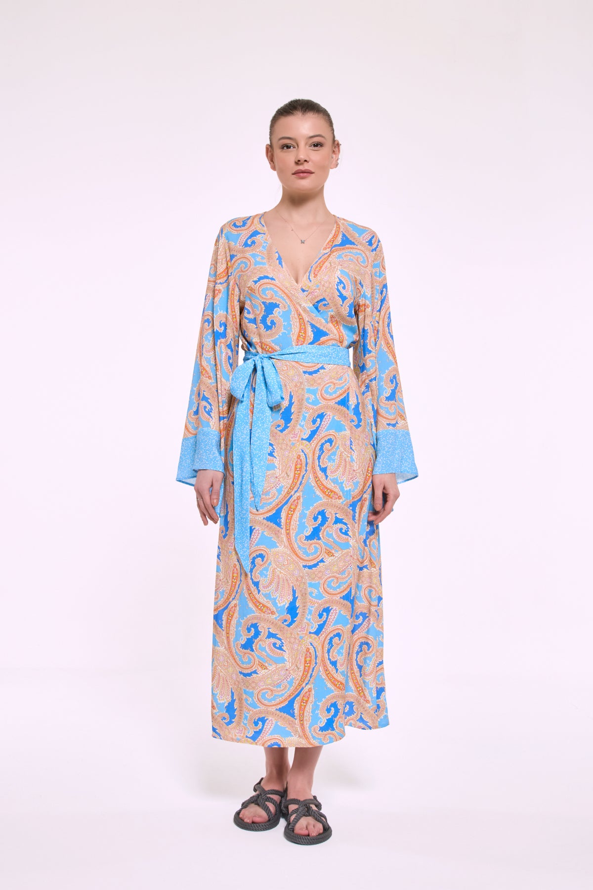 Despina blue viscose kimono wrap dress front view