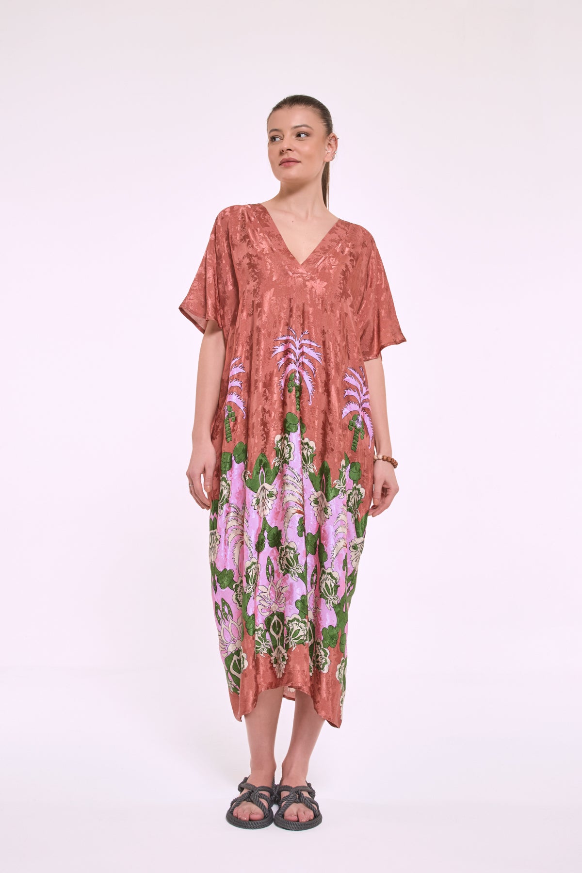 Dharma exotic print viscose kaftan dress front view