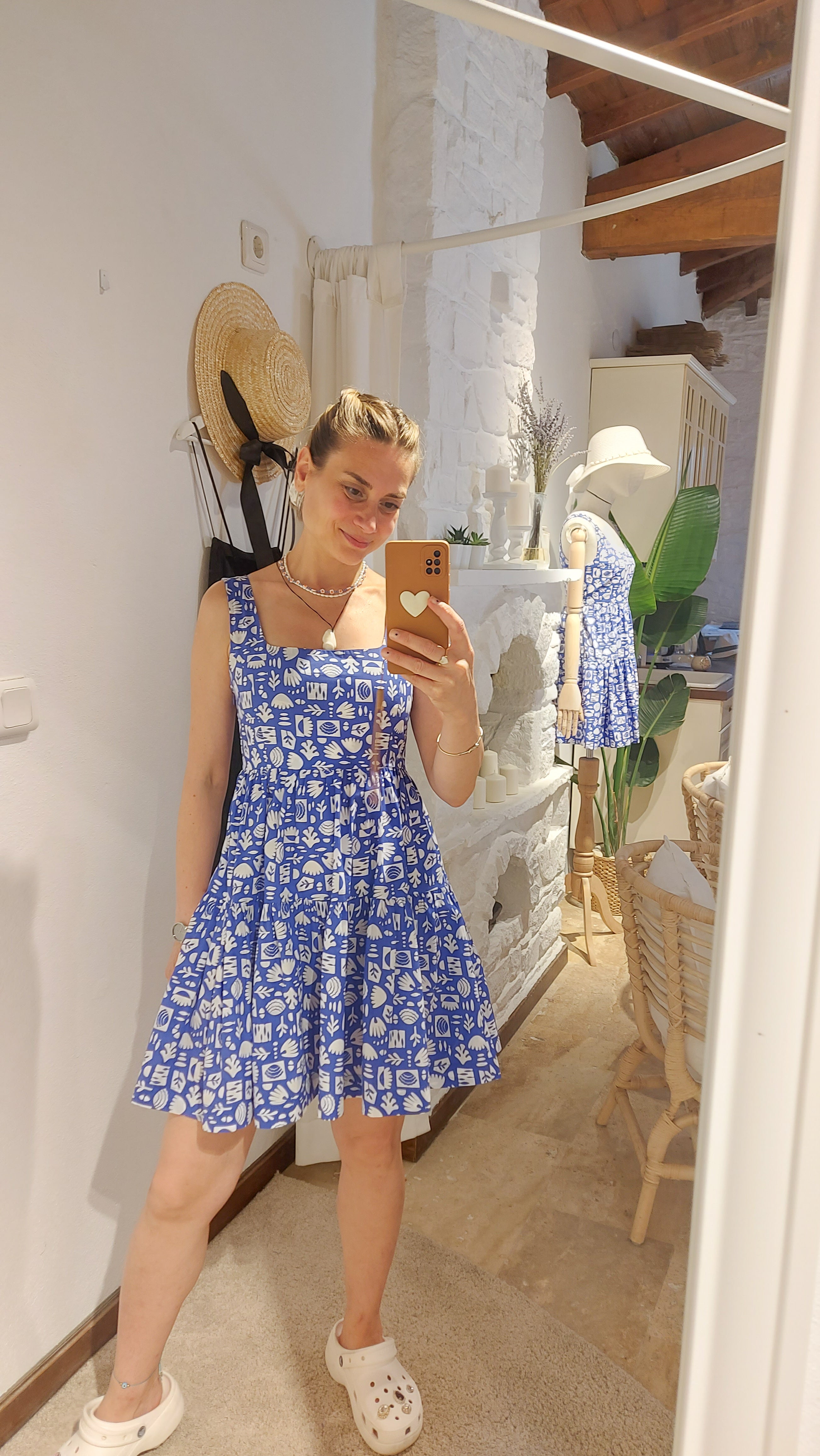 Diana abstract mini dress styled in a casual summer look mirror selfie