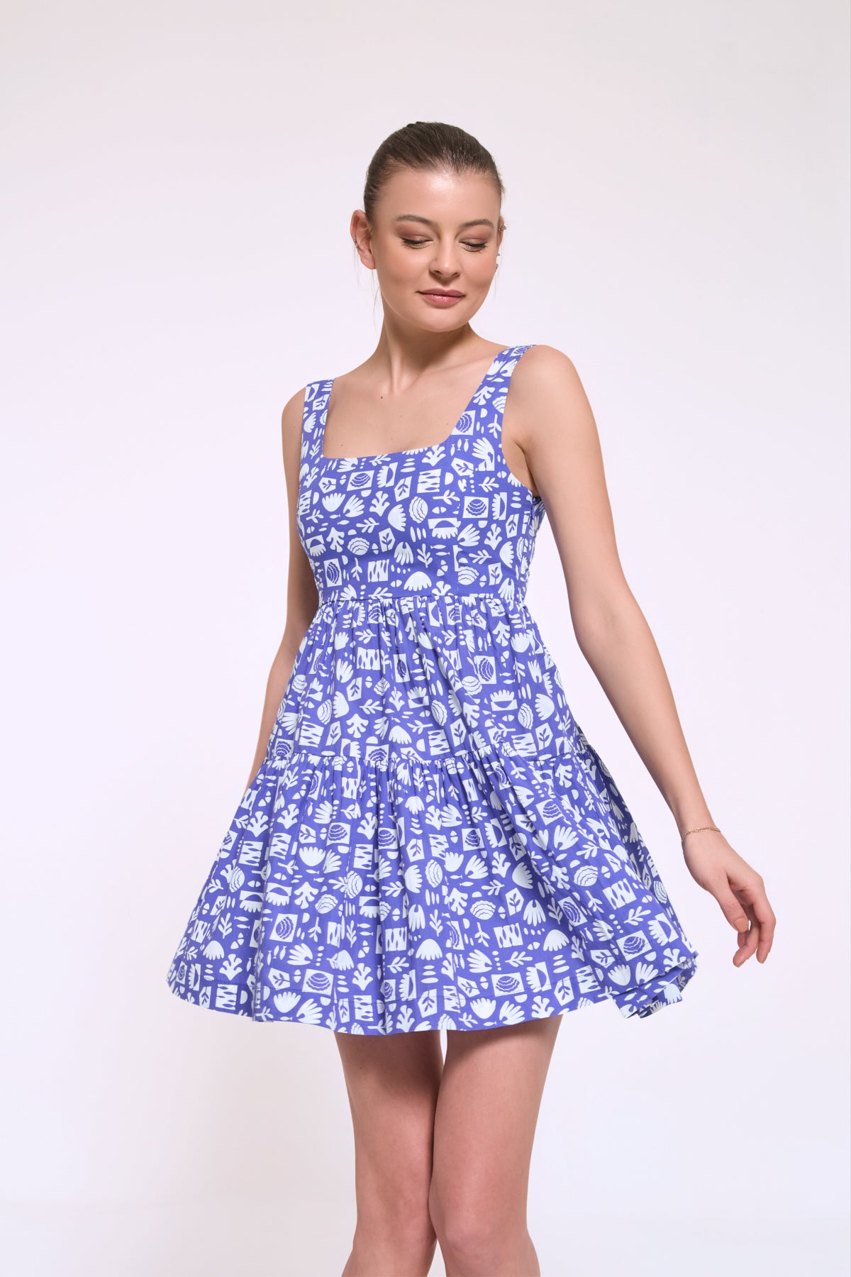 Diana cotton poplin mini dress with a unique island-inspired pattern designed by Gliki