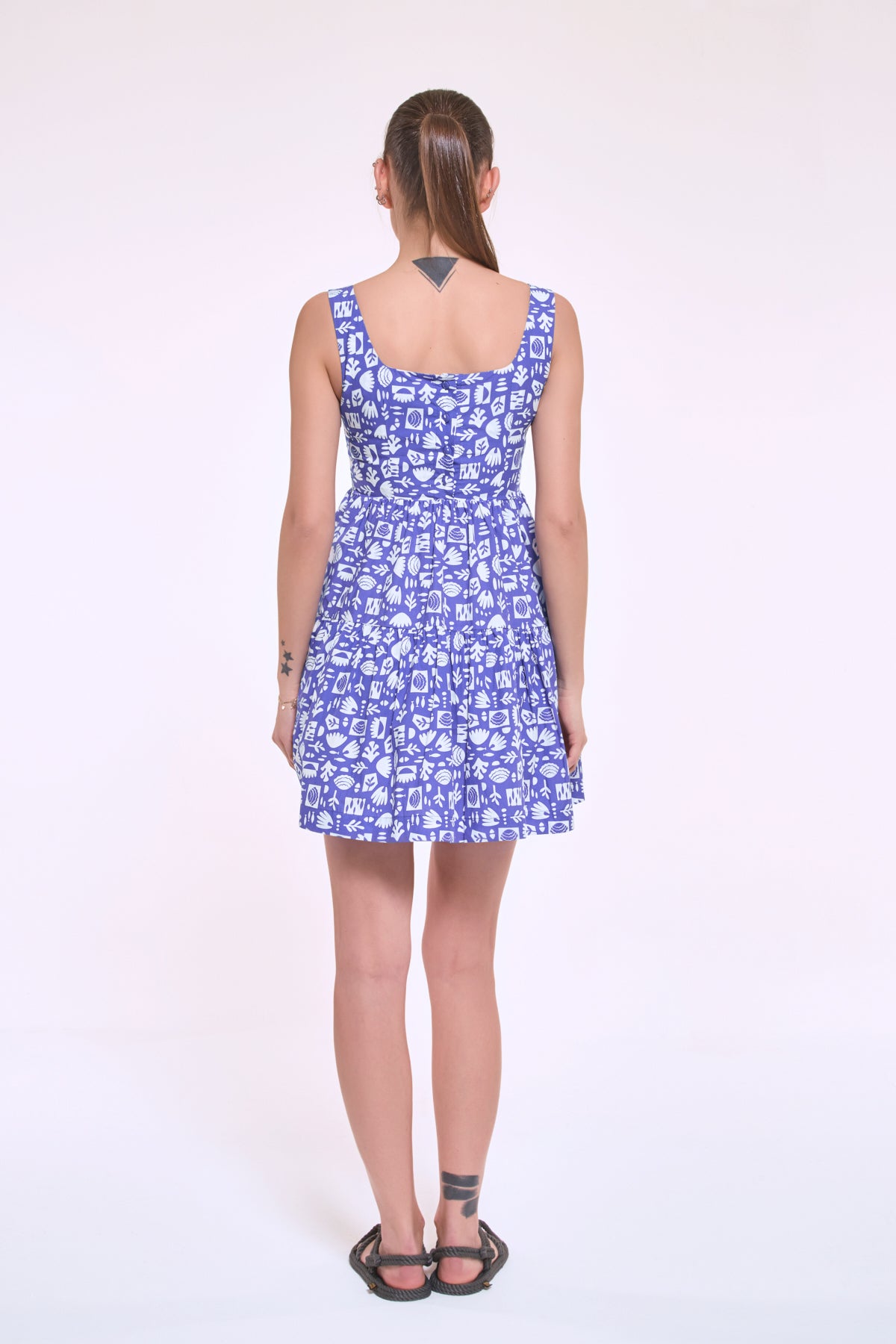 Diana blue abstract print mini dress back view