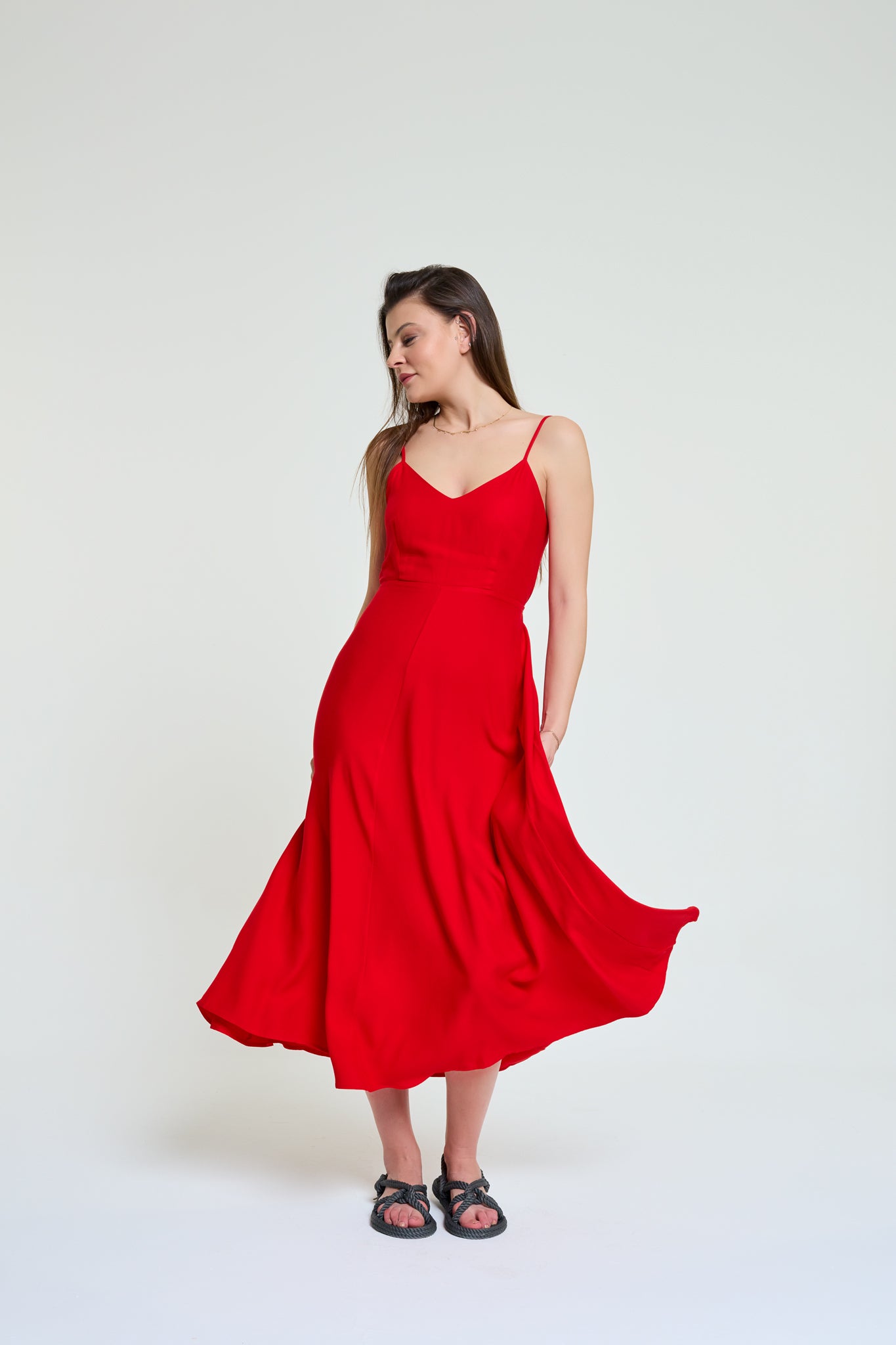 Doris red long flowy dress in motion