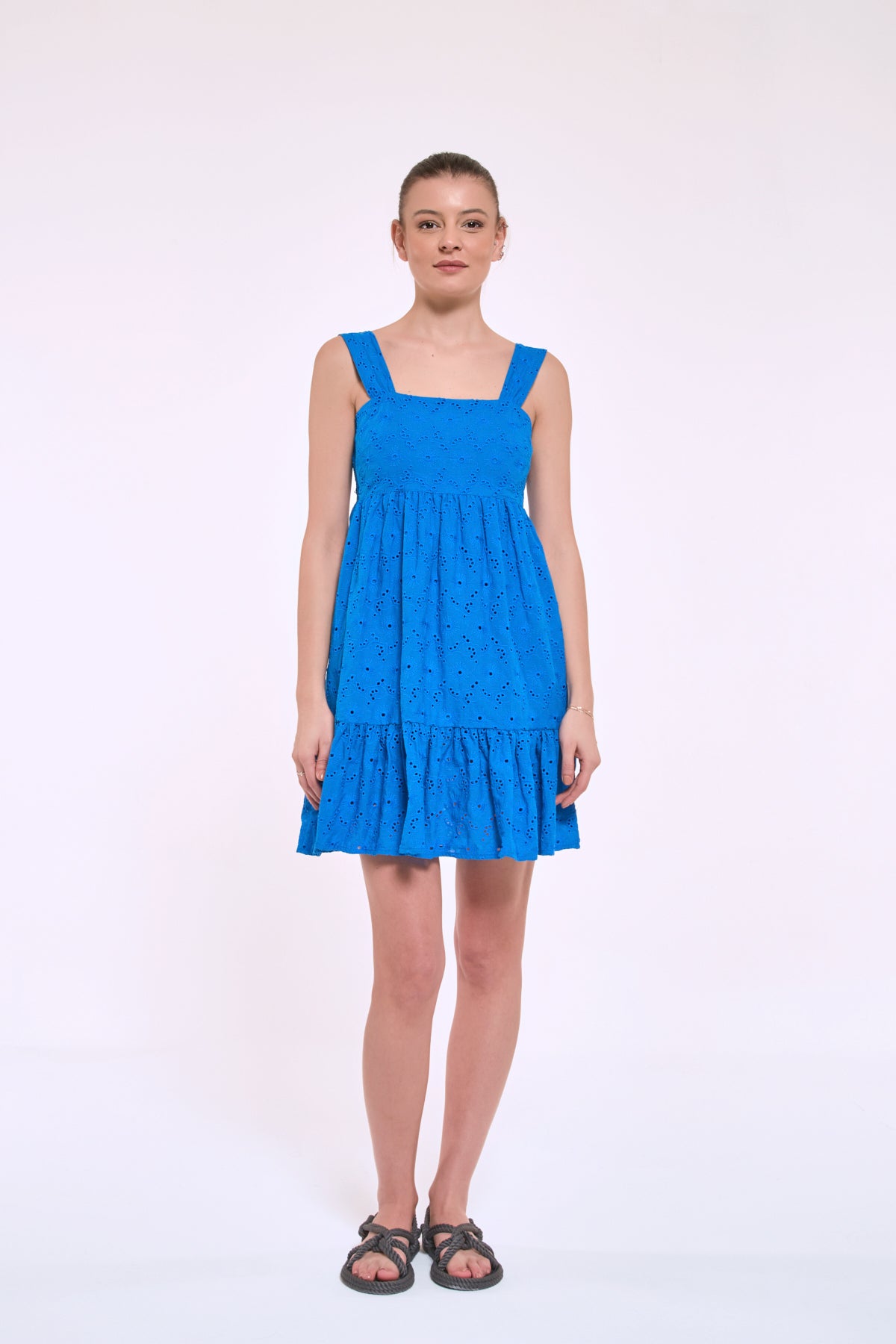 Emily blue broderie anglaise mini dress with square neckline front view