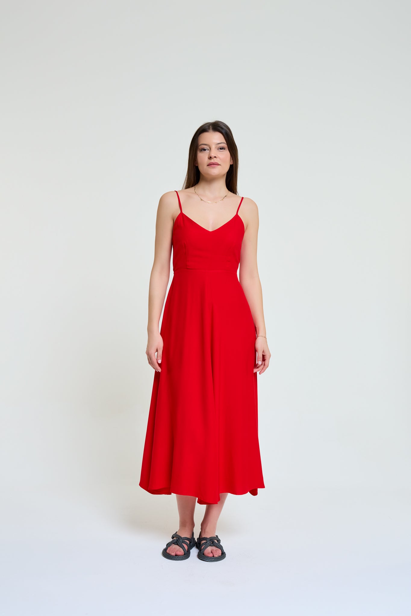 Doris | İp Askılı Sırtı Fiyonk Bağlamalı Kırmızı Uzun Elbise