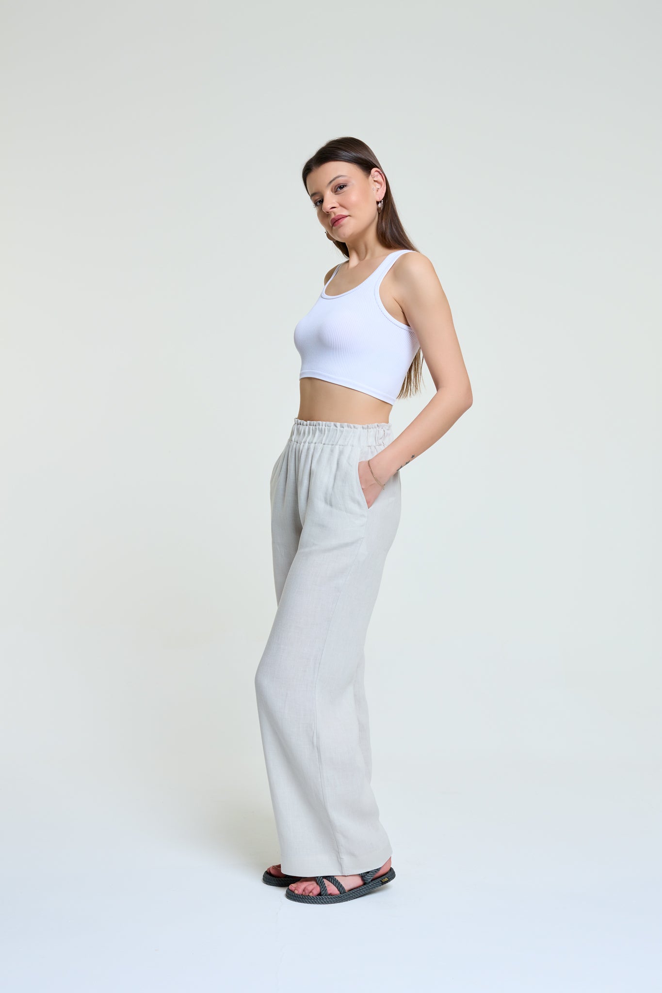 Palma | %100 Keten Beli Lastikli Bol Palazzo Pantolon