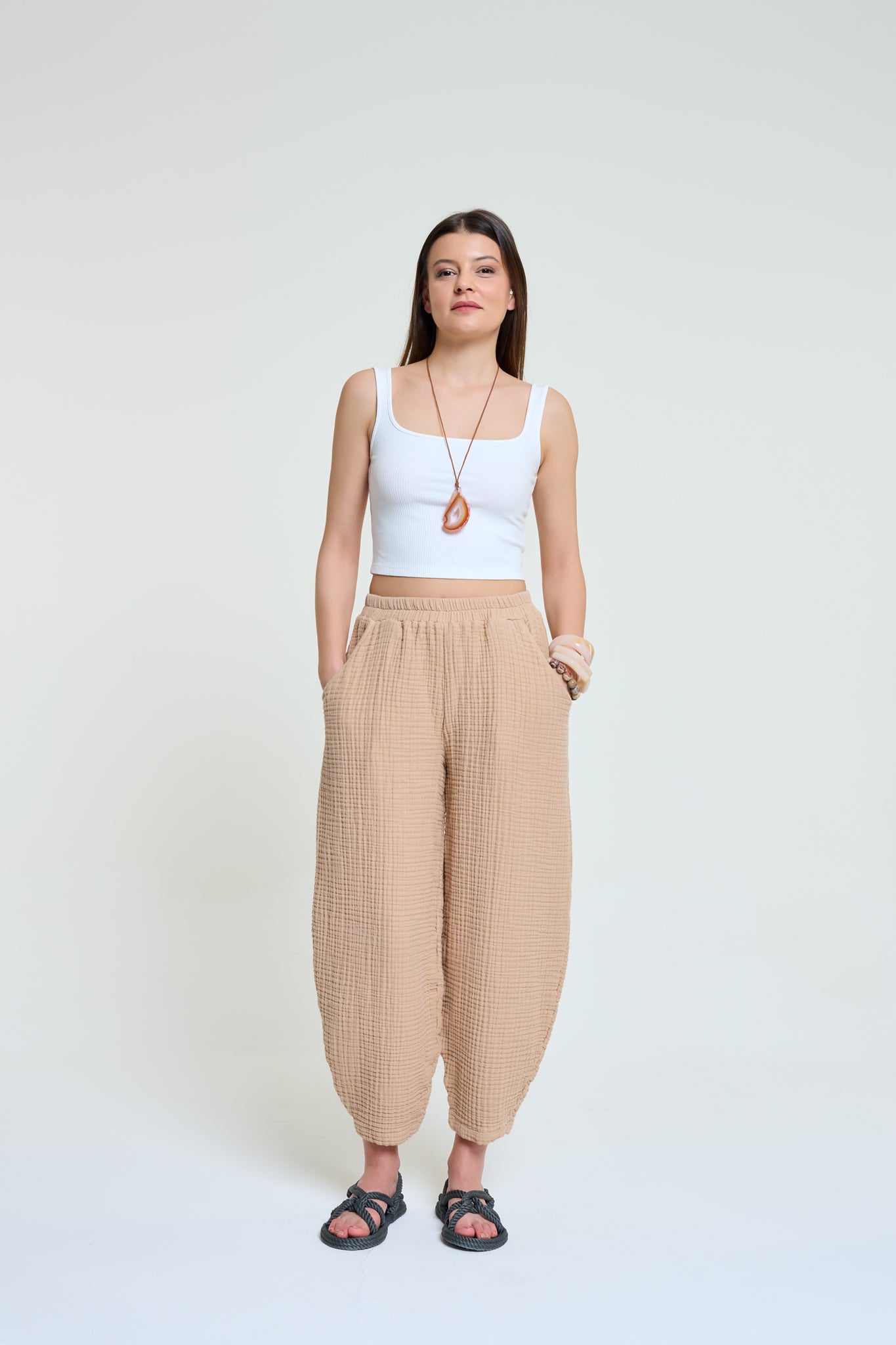 Pera | %100 Pamuk Kalın Müslin Şalvar Pantolon | Bej Renk