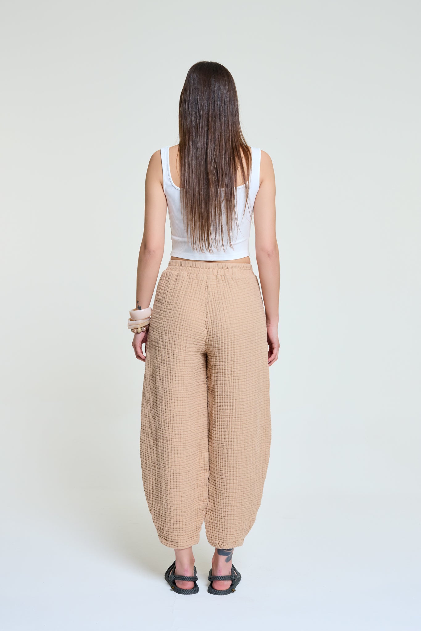 Pera | %100 Pamuk Kalın Müslin Şalvar Pantolon | Bej Renk