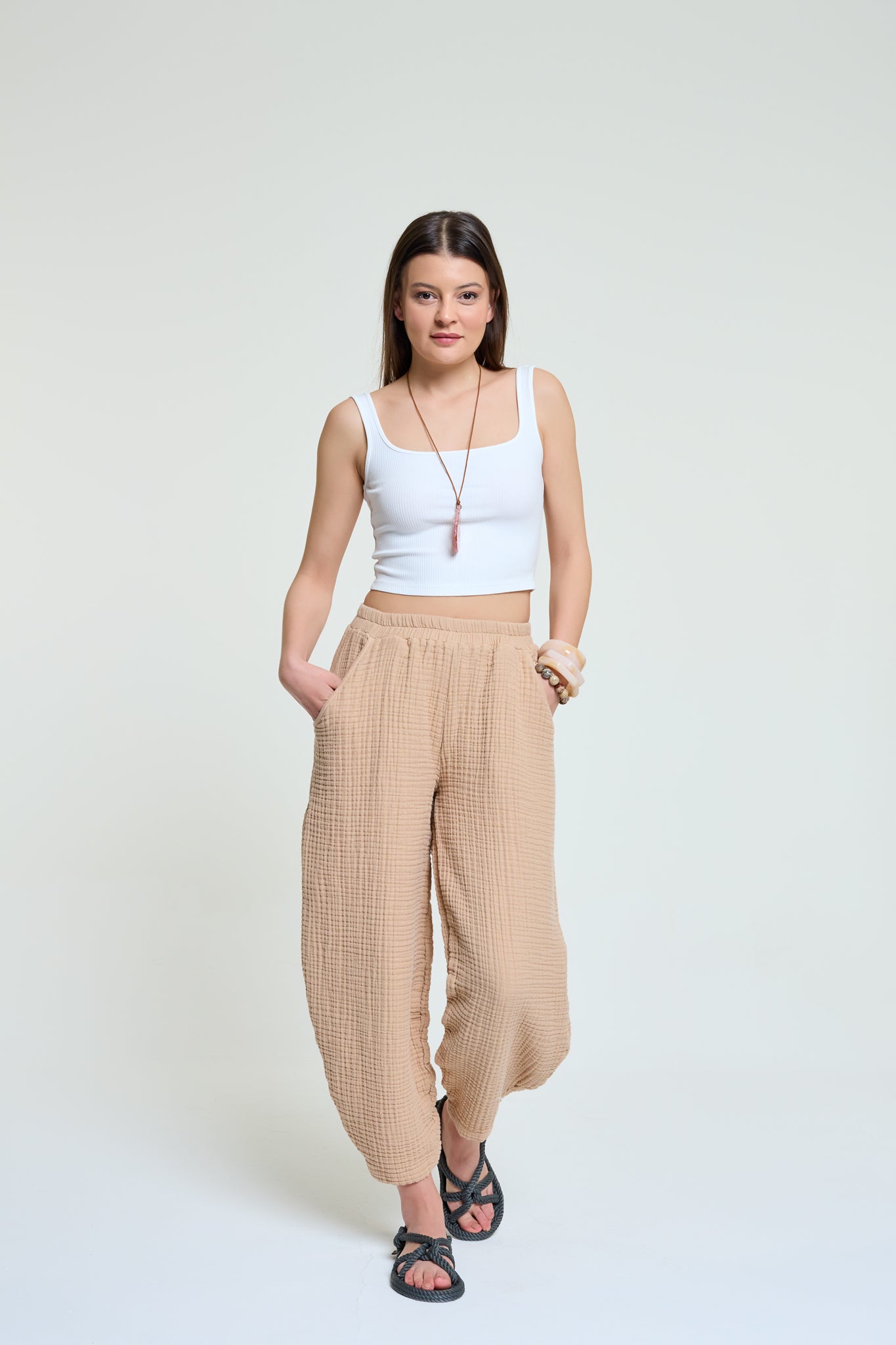 Pera | %100 Pamuk Kalın Müslin Şalvar Pantolon | Bej Renk